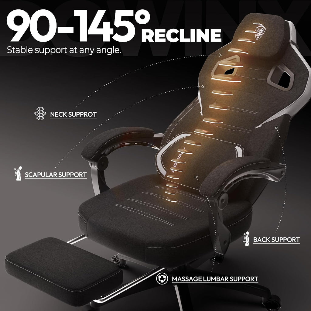 Dowinx Fabric Gaming Chair with Footrest, Big and Tall Ergonomic Gamer Chair with Lumbar Support, Wide Back Computer Chair for Heavy People, Black