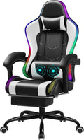 Gaming Chair with RGB, Computer Gaming Chairs with LED Lights and Footrest for Home, Office, White and Black