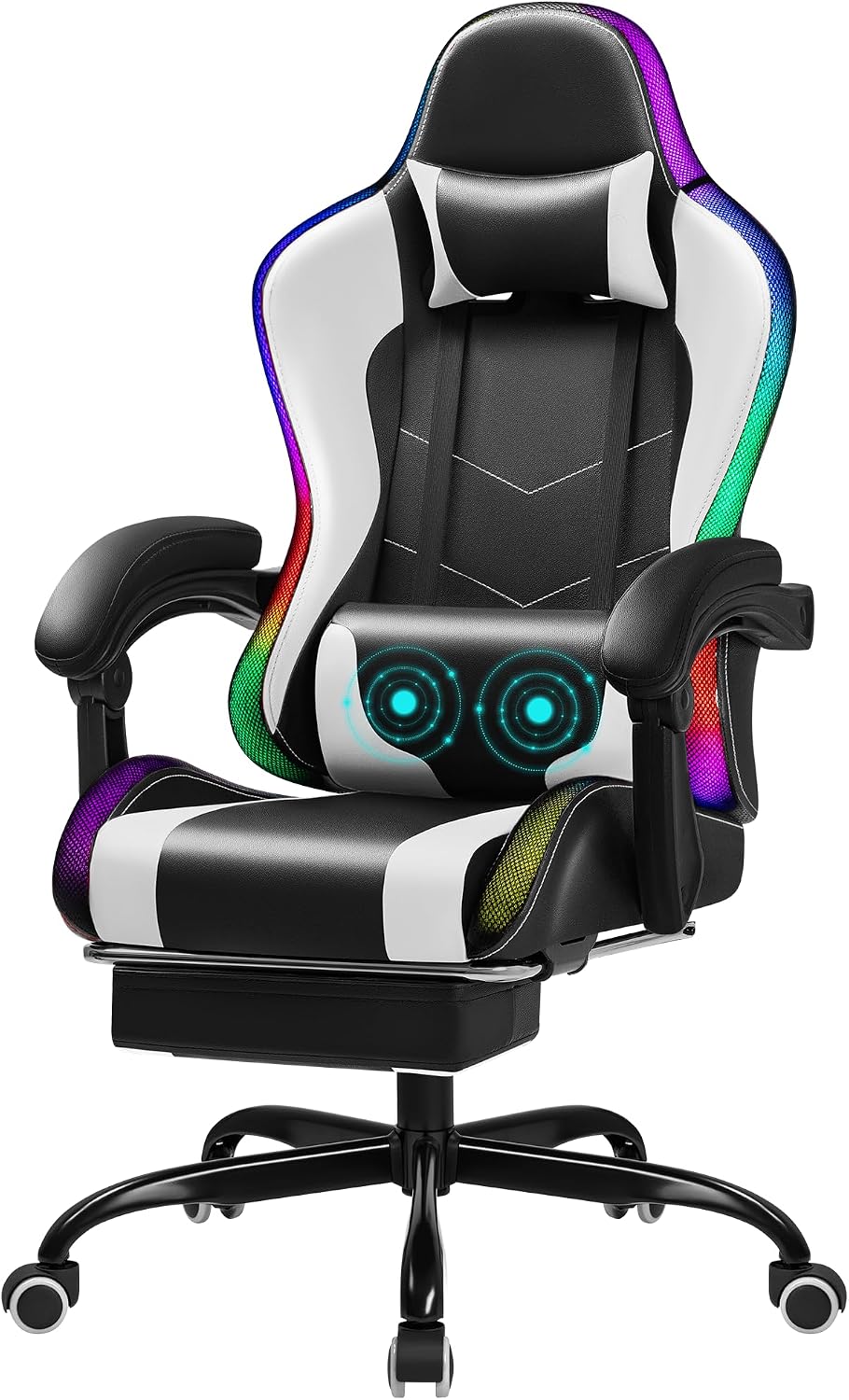 Gaming Chair with RGB, Computer Gaming Chairs with LED Lights and Footrest for Home, Office, White and Black