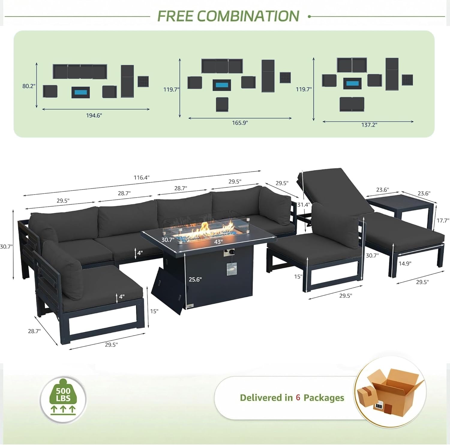 RADIATA 9 Piece Oversized Modular Aluminum Patio Furniture Set with Chaise Lounge, 29 inch Deep and Wide Sectional Couch, 500 lbs High Weight Capacity, Outdoor Conversation Set for Poolside, Dark Gray