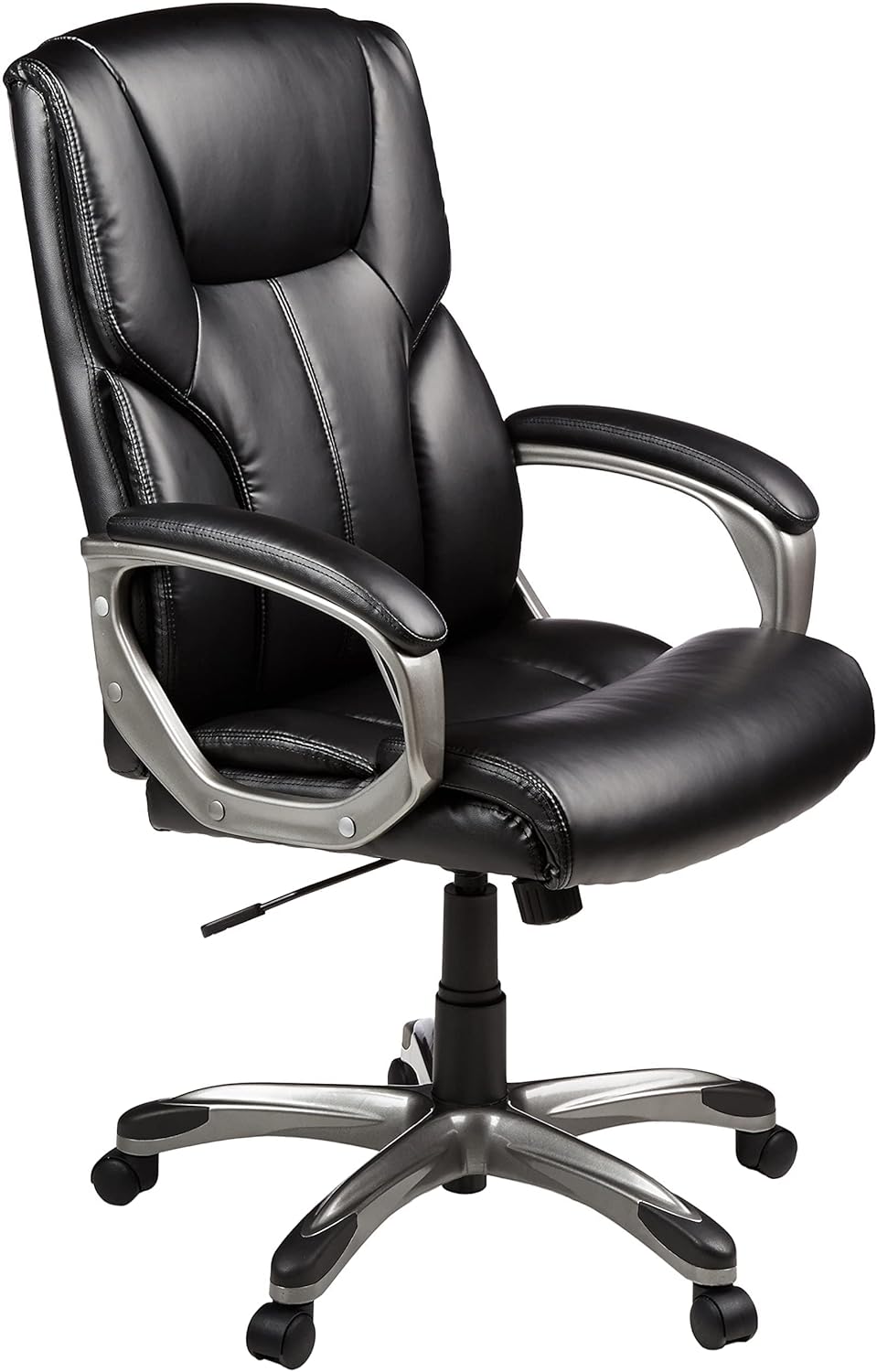Amazon Basics Executive High Back Office Chair, Adjustable Height, Tilt, Swivel, Padded Seat, Bonded Leather, Wheels, Black/Silver
