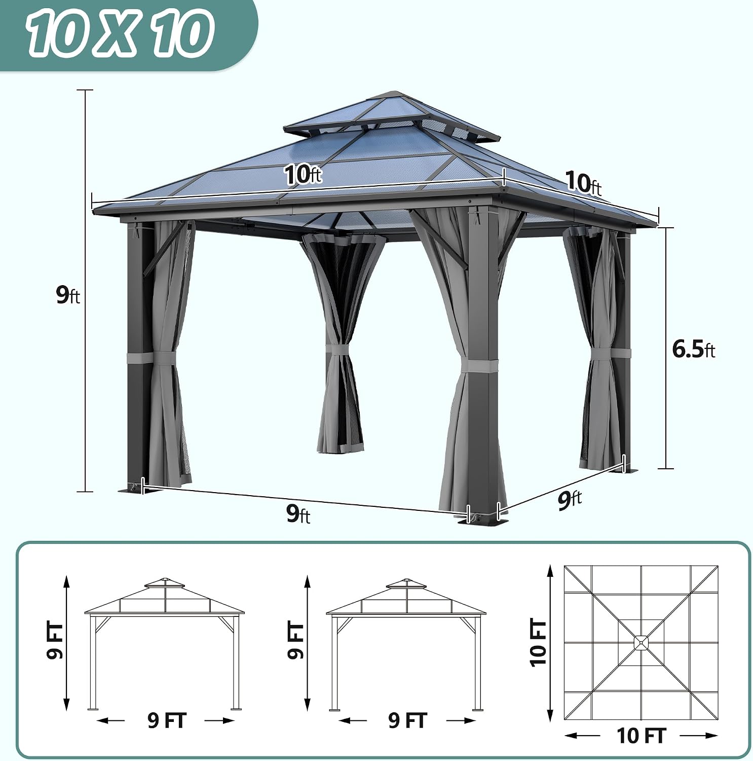 10'x10' Hardtop Gazebo, Upgrade Outdoor Polycarbonate Gazebos with Netting and Curtains, Heavy Duty Metal Pavilion for Patio, Backyard, Deck and Lawn