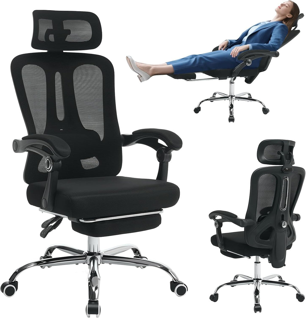 GarveeHome High Back Ergonomic Office Chair with Mesh Back, Retractable Footrest, Adjustable Headrest & Lumbar Support – Wide Computer Desk Chair with Wheels for Home Office or Bedroom, Black
