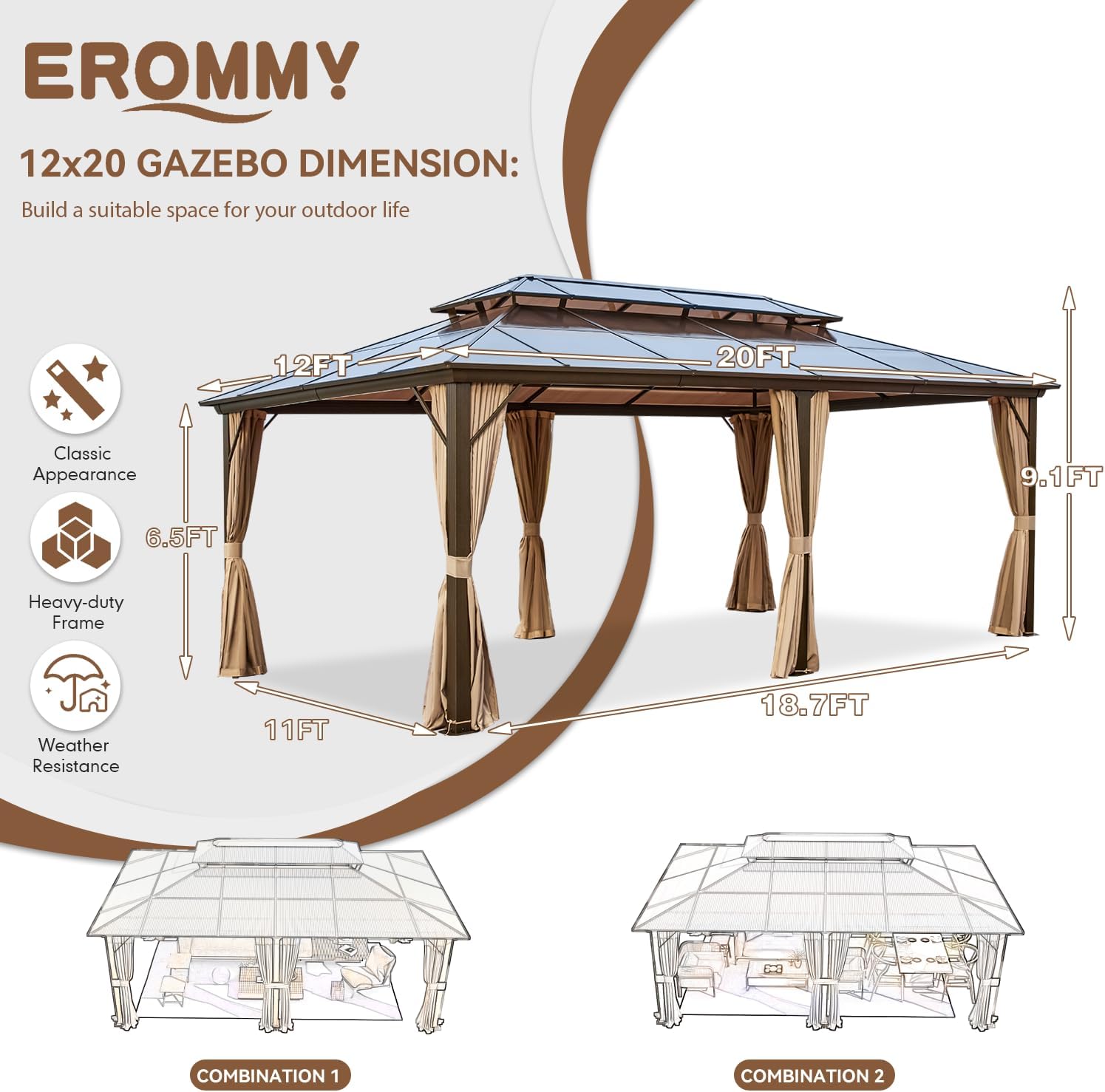 EROMMY 12' x 20' Gazebo Polycarbonate Double Roof Canopy with Aluminum Frame, Outdoor Permanent Metal Pavilion with Netting and Curtains for Garden Patio Lawns