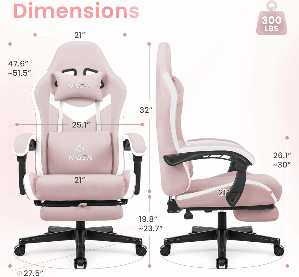 N-GEN GAMING Video Gaming Chair Office Computer Desk Use Ergonomic Reclining Backrest Adjustable Armrests Lumbar Support Footrest High Density Foam Breathable Fabric Heavy Duty Base (Pink)