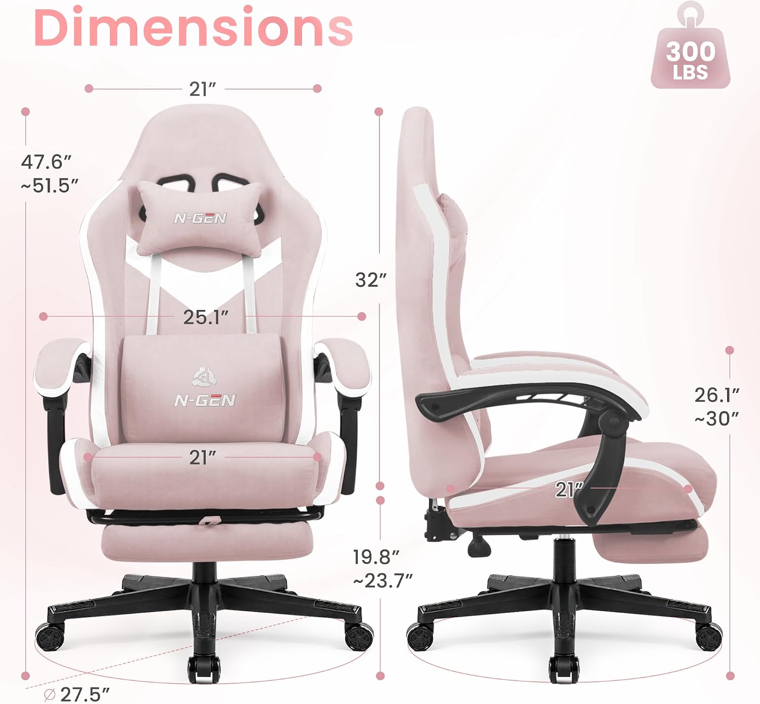 N-GEN GAMING Video Gaming Chair Office Computer Desk Use Ergonomic Reclining Backrest Adjustable Armrests Lumbar Support Footrest High Density Foam Breathable Fabric Heavy Duty Base (Pink)