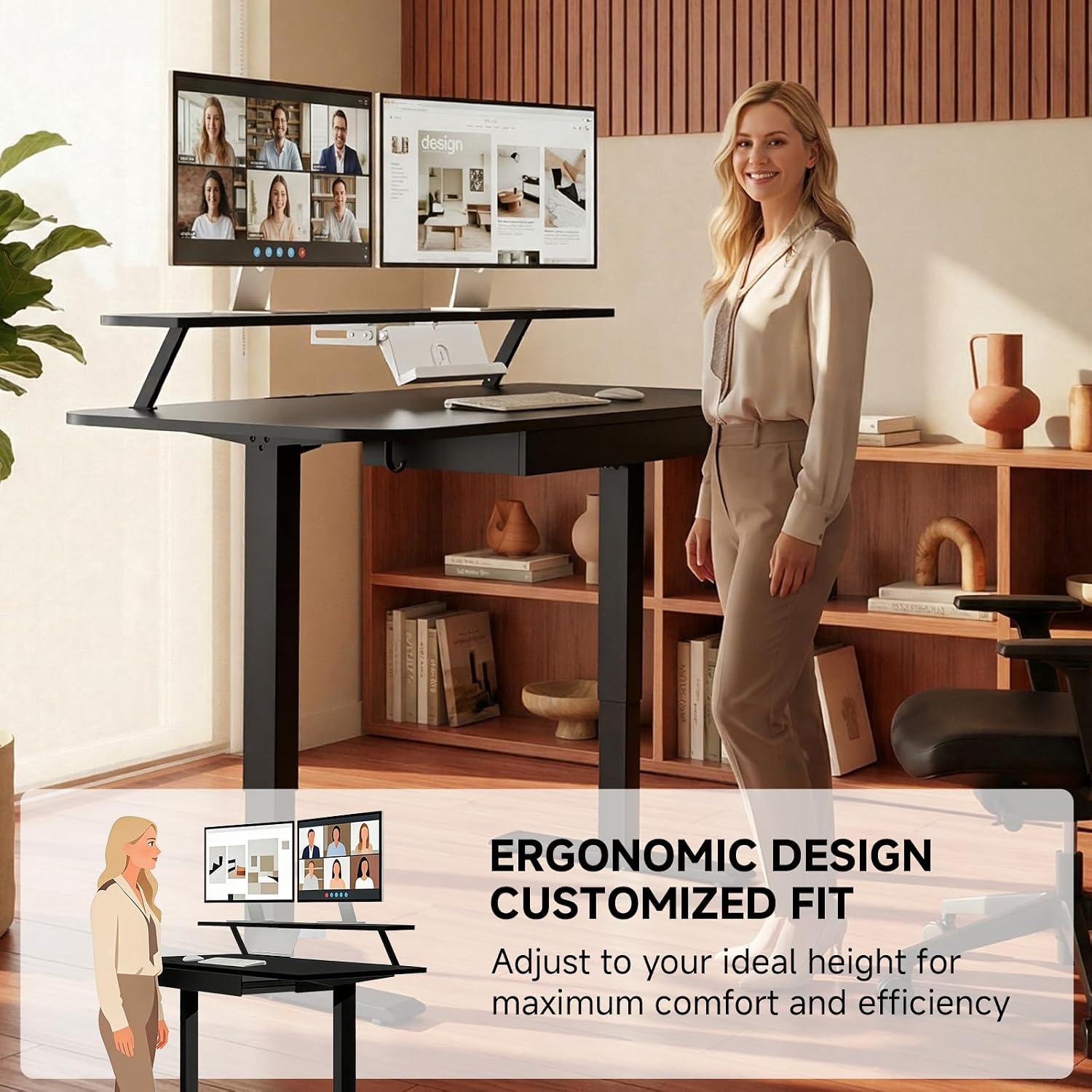 GTPLAYER Electric Standing Desk with Drawers, 48 x 24 Inches Height Adjustable Computer Desk with Monitor Stand, Laptop Stand, Home Office Sit Stand Up Desk with Memory Preset, Black