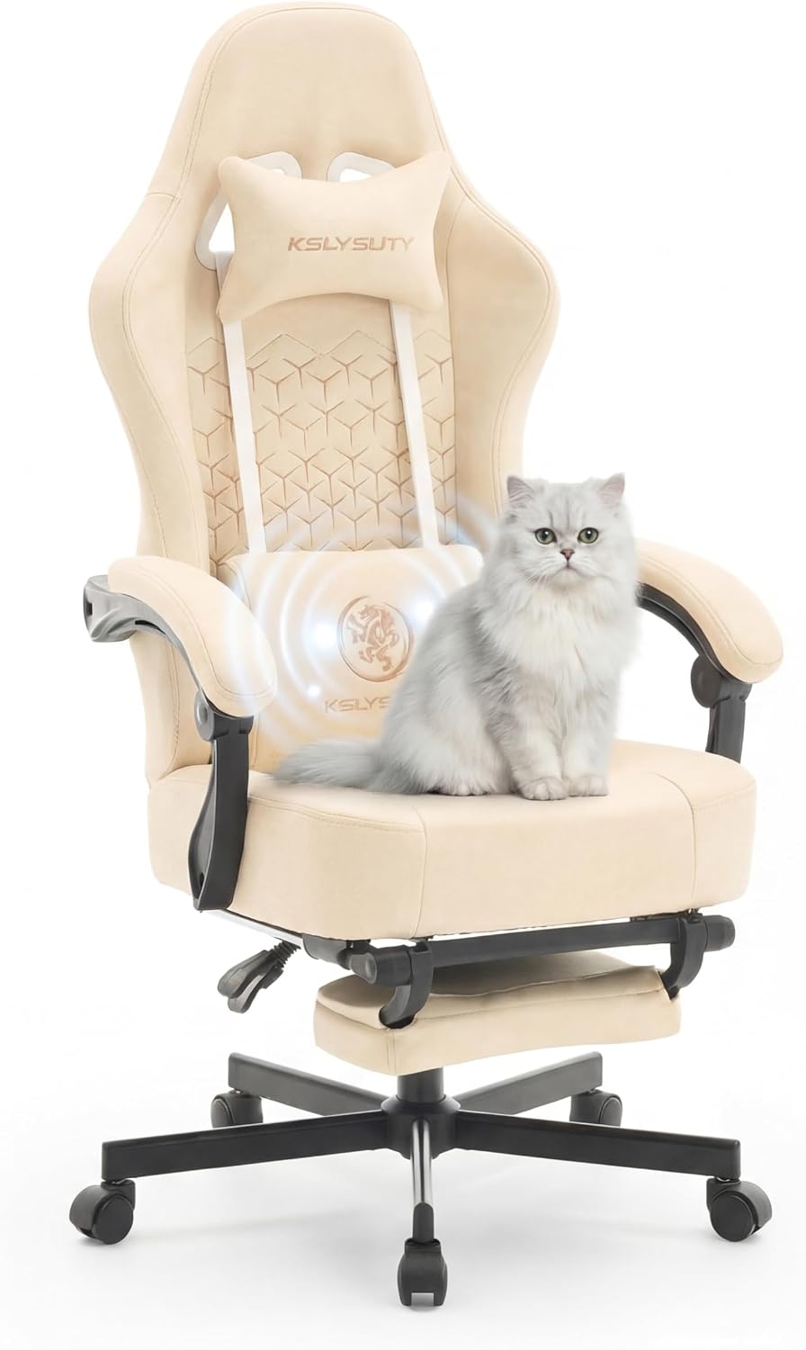 Gaming Chair Breathable Leather with Pocket Spring Cushion, Wide and High Ergonomic Office Chair with Headrest, Computer Gaming Chair with Footrest for Adult and Teen (Beige Leather)