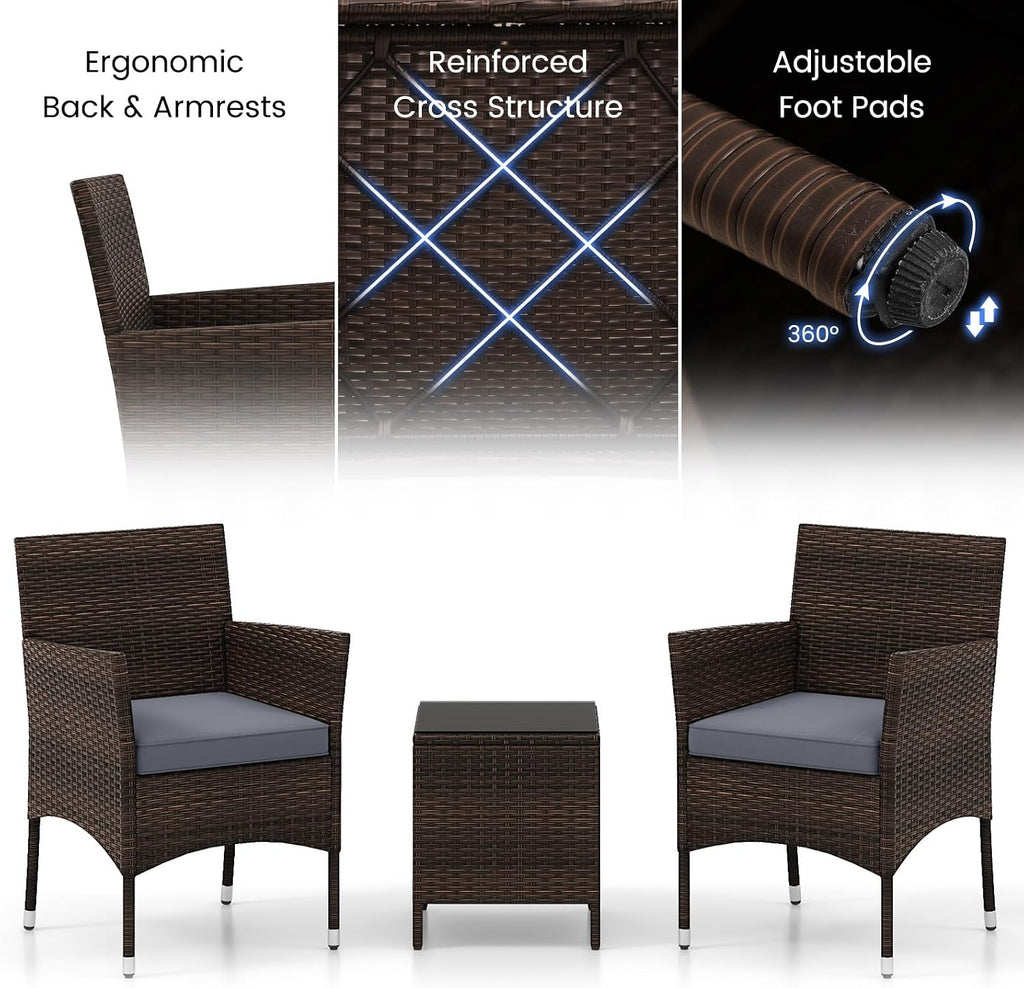 Tangkula 3 Pieces Patio Rattan Furniture Set, Outdoor Conversation Set with PE Wicker Armchairs, Tempered Glass Top Coffee Table, Soft Removable Cushions, for Porch Garden Yard Balcony (Grey)