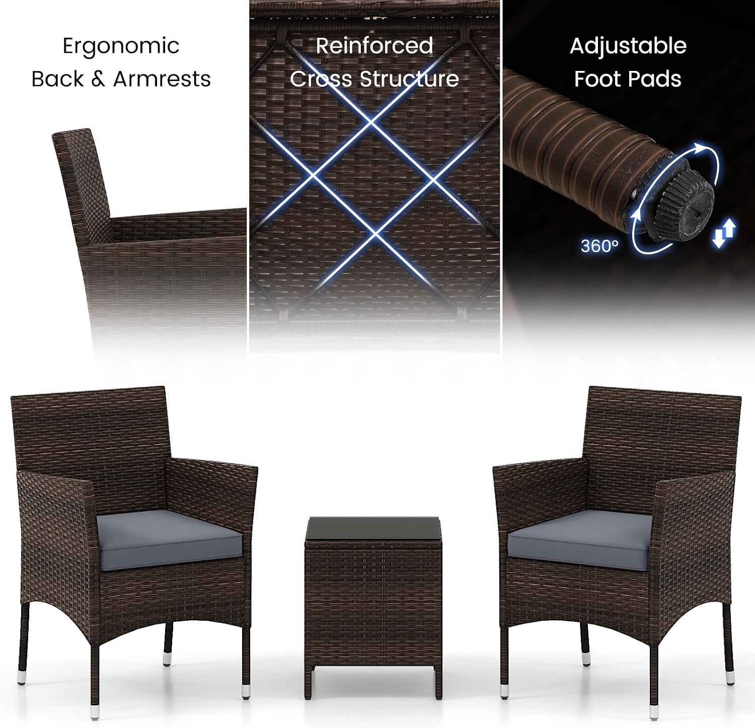 Tangkula 3 Pieces Patio Rattan Furniture Set, Outdoor Conversation Set with PE Wicker Armchairs, Tempered Glass Top Coffee Table, Soft Removable Cushions, for Porch Garden Yard Balcony (Grey)