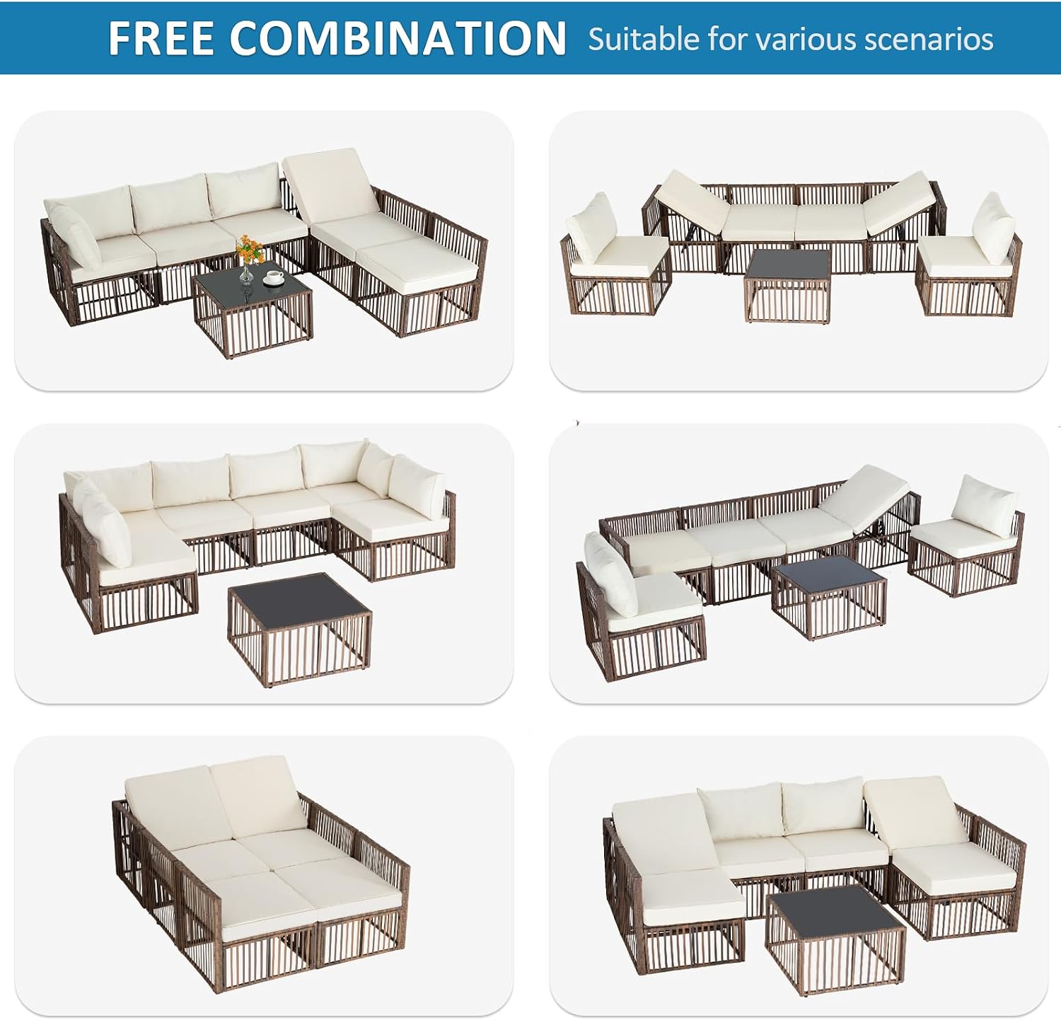 FHFO 7 Pieces Outdoor Patio Furniture Set, Wicker Outdoor Sectional Conversation Couch Set with Adjustable Backrest Sofa, Thick Cushion & Coffee Table for Garden, Porch, Poolside, Brown/Beige