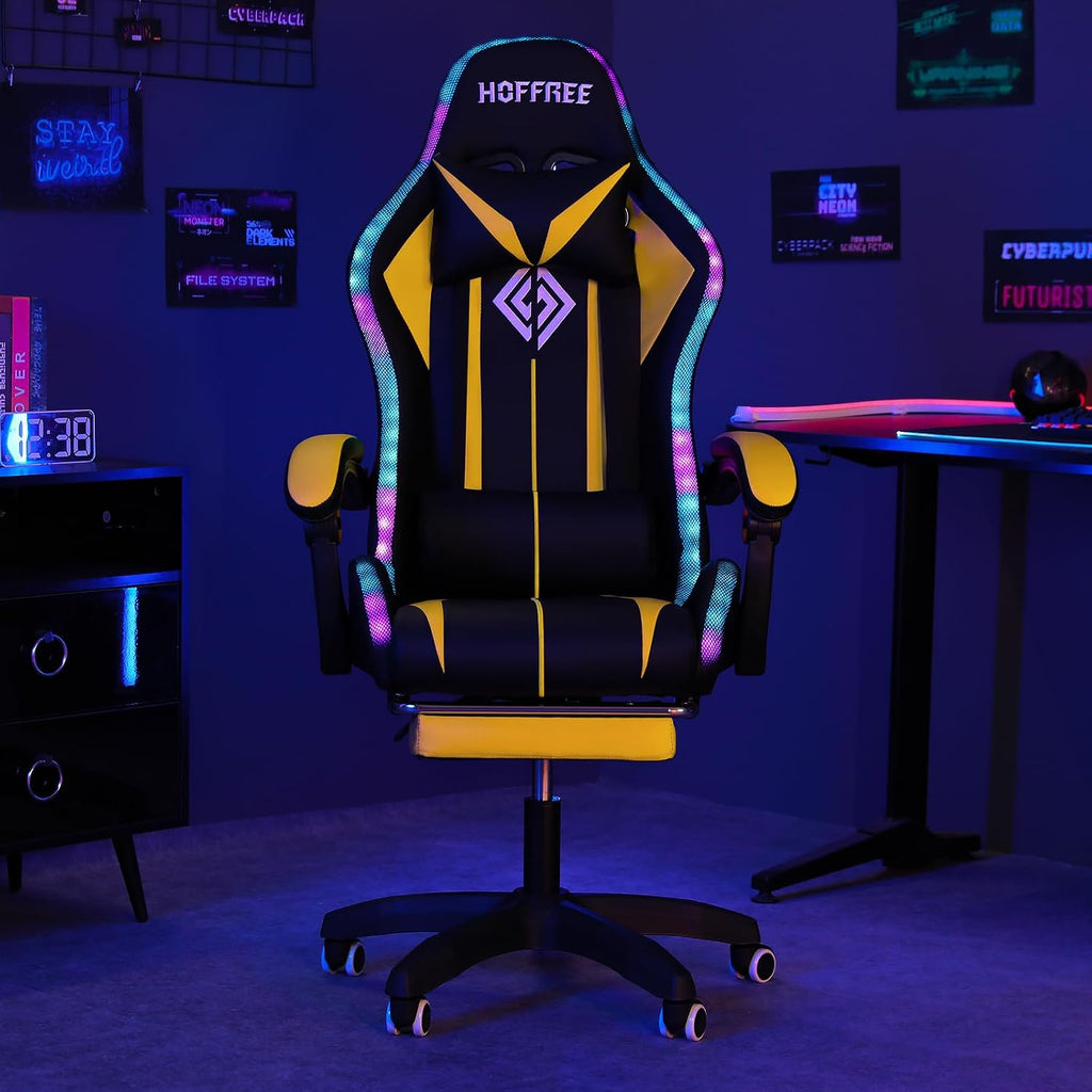 HOFFREE RGB Gaming Chair with Speakers Massage Computer Gaming Chair with LED Lights and Footrest High Back Video Game Chair for Adults Yellow and Black