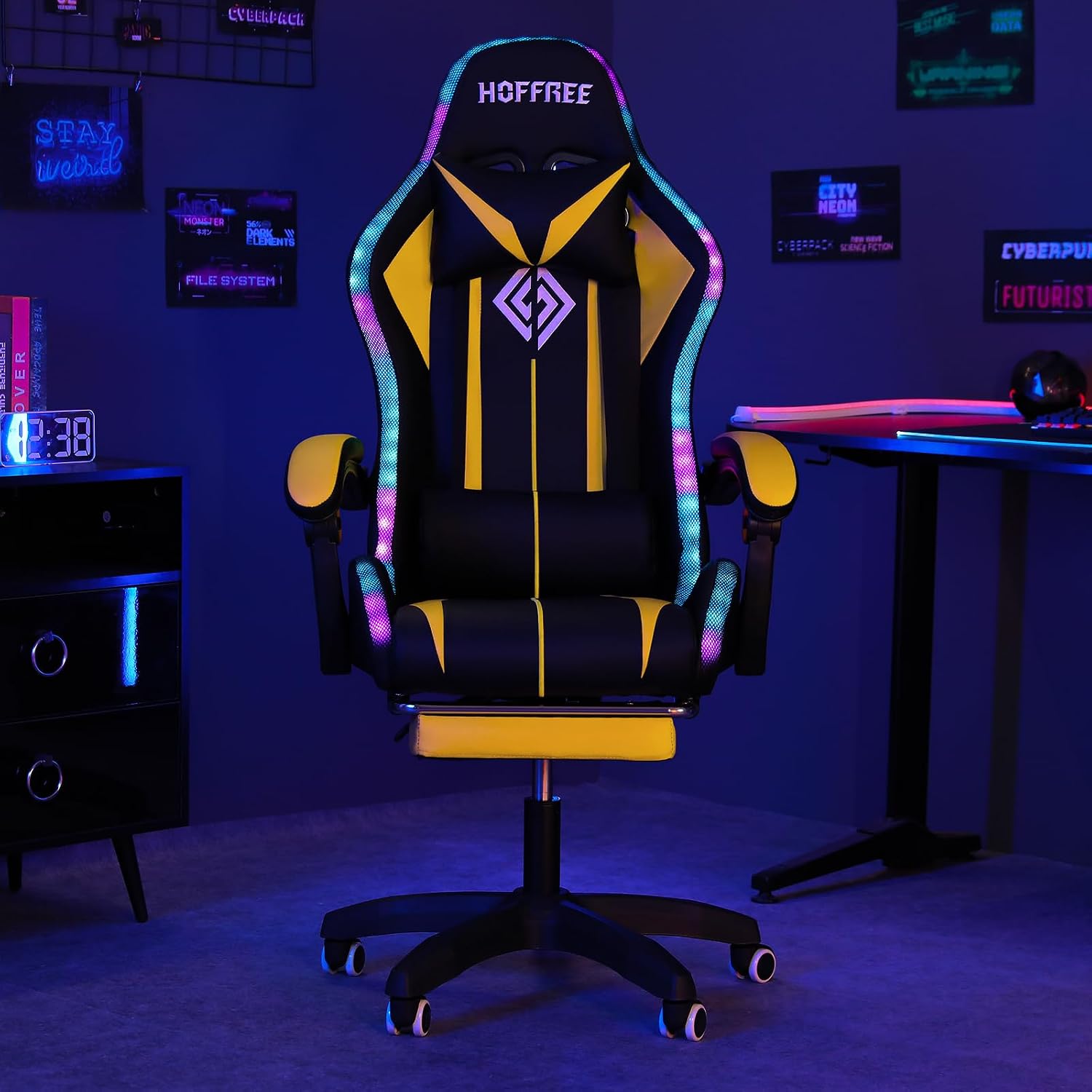 HOFFREE RGB Gaming Chair with Speakers Massage Computer Gaming Chair with LED Lights and Footrest High Back Video Game Chair for Adults Yellow and Black