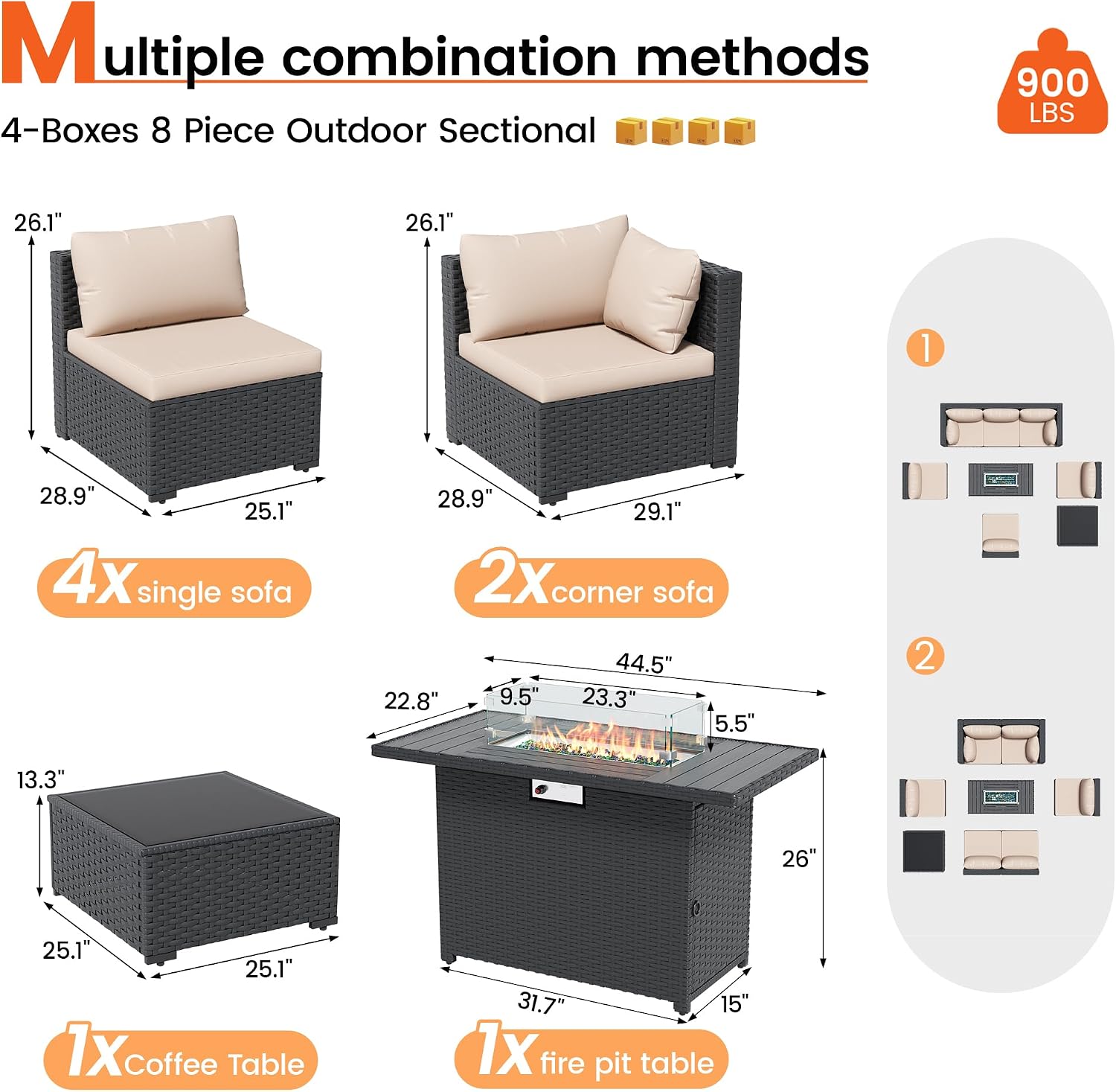 8 Piece Patio Furniture Set with 43' Fire Pit Table, Outdoor Sectional Wicker Rattan Sofa Set with Coffee Table (Beige/Black)