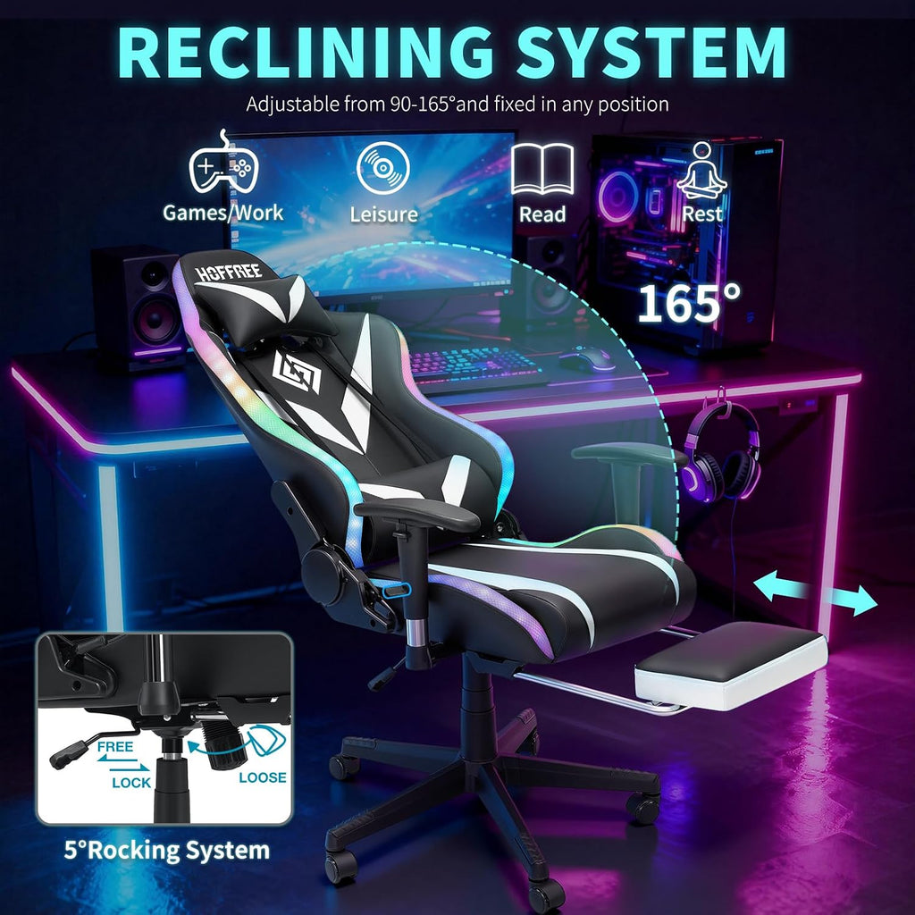 HOFFREE Gaming Chair with Bluetooth Speakers and Led Lights Massage Video Game Chair with Footrest Reclining High Back Computer Gamer Chair White and Black