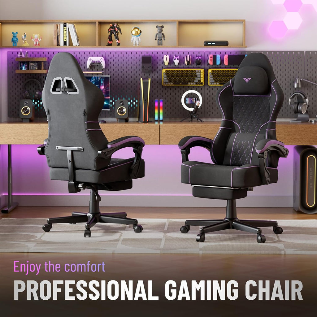 Ferghana Gaming Chair, Velvet Fabric Comfortable Computer Chair with Footrest and Linkage Armrest, Ergonomic High Back Game Chair with Massage Lumbar Support for Adult, Black/Purple