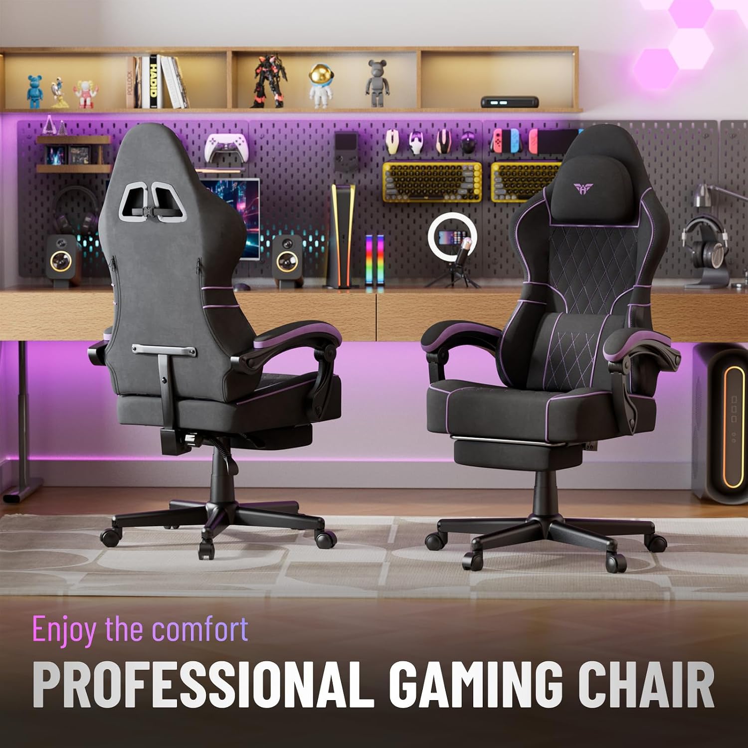 Ferghana Gaming Chair, Velvet Fabric Comfortable Computer Chair with Footrest and Linkage Armrest, Ergonomic High Back Game Chair with Massage Lumbar Support for Adult, Black/Purple