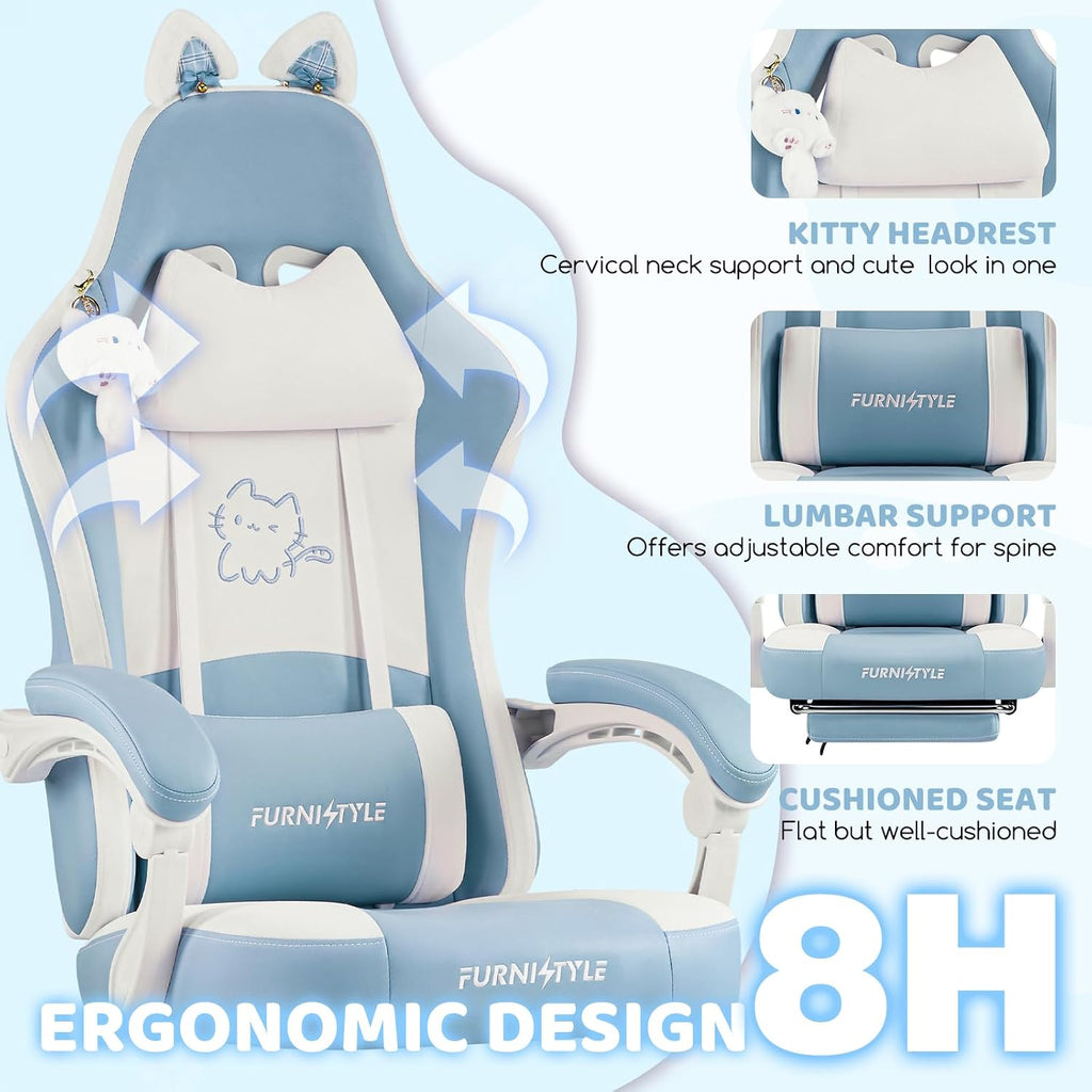 Gaming Chairs, Comfy Video Game Chair for Adults with Cat Ears Pocket Spring Cushion Massage Lumbar Support & Headrest, Ringing Accessories Cute Leather Ergonomic Computer Chair for Girls, Blue/White