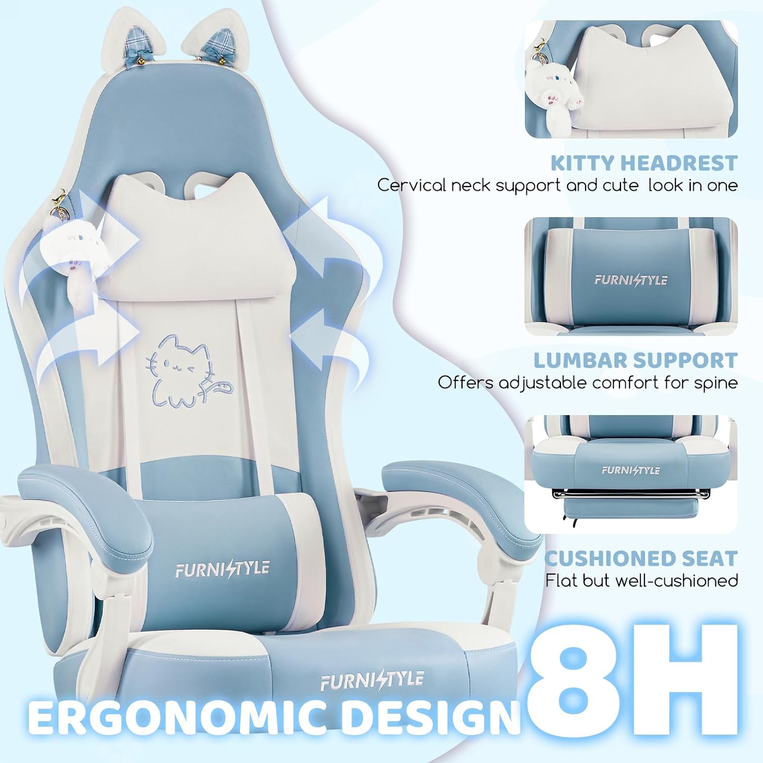 Gaming Chairs, Comfy Video Game Chair for Adults with Cat Ears Pocket Spring Cushion Massage Lumbar Support & Headrest, Ringing Accessories Cute Leather Ergonomic Computer Chair for Girls, Blue/White