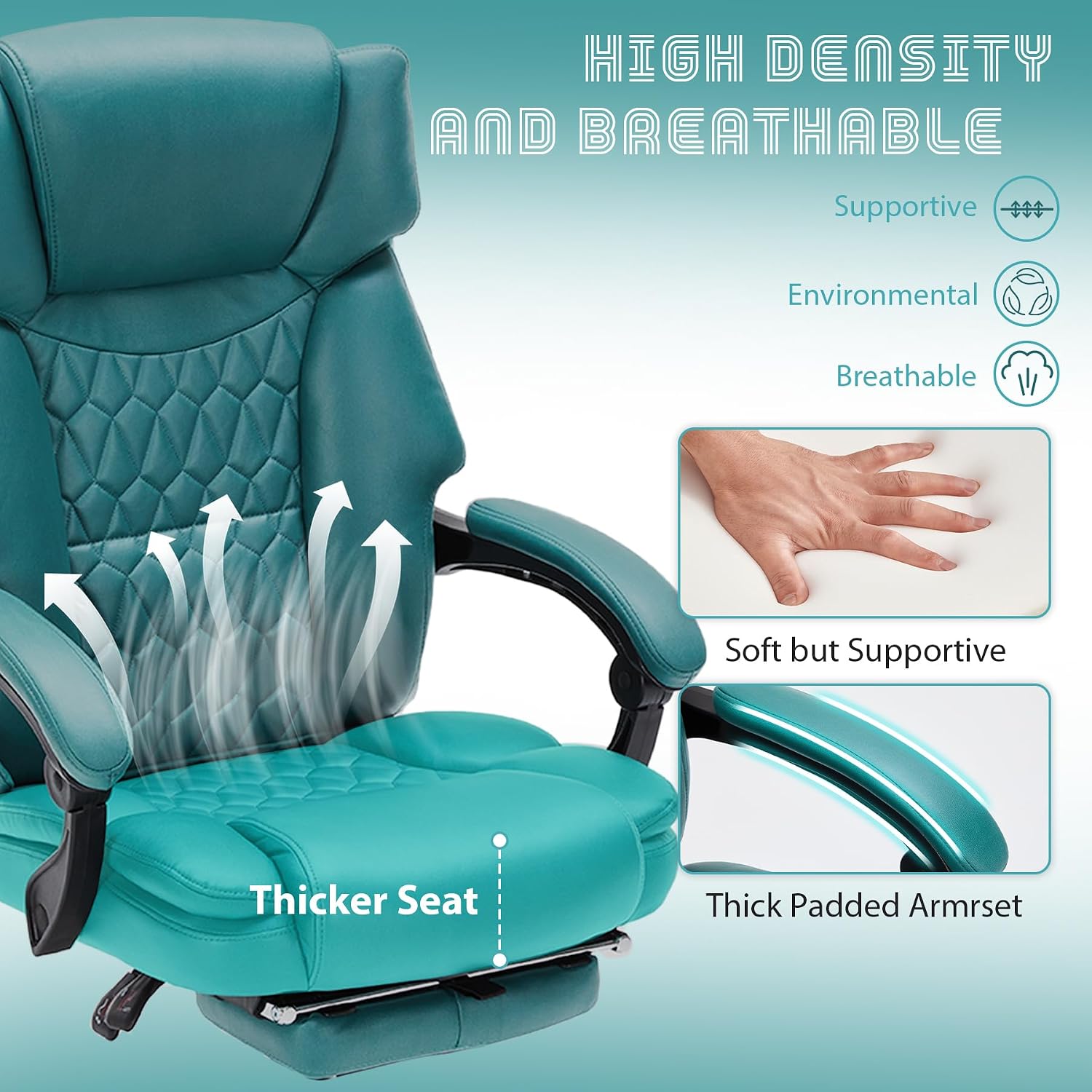 Massage Office Chair with Foot Rest 6 Points Vibration and Heat Home Office Desk Chairs for Heavy People 400lbs Reclining Managerial Chairs Ergonomic Executive Chair (Teal Blue)