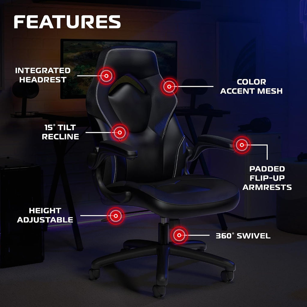 RESPAWN 3085 Ergonomic Gaming Chair for Adults, High Back Office Chair with Headrest and Flip Up Arms, Leather Racing Style Gaming Seat with Lumbar Support, Video Game Computer Desk Seat - Black