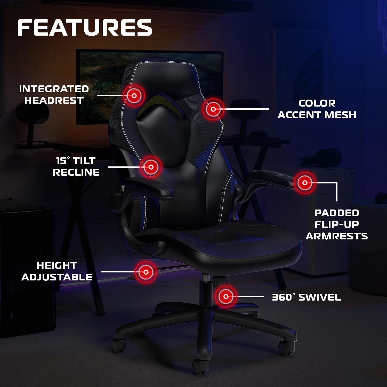 RESPAWN 3085 Ergonomic Gaming Chair for Adults, High Back Office Chair with Headrest and Flip Up Arms, Leather Racing Style Gaming Seat with Lumbar Support, Video Game Computer Desk Seat - Black