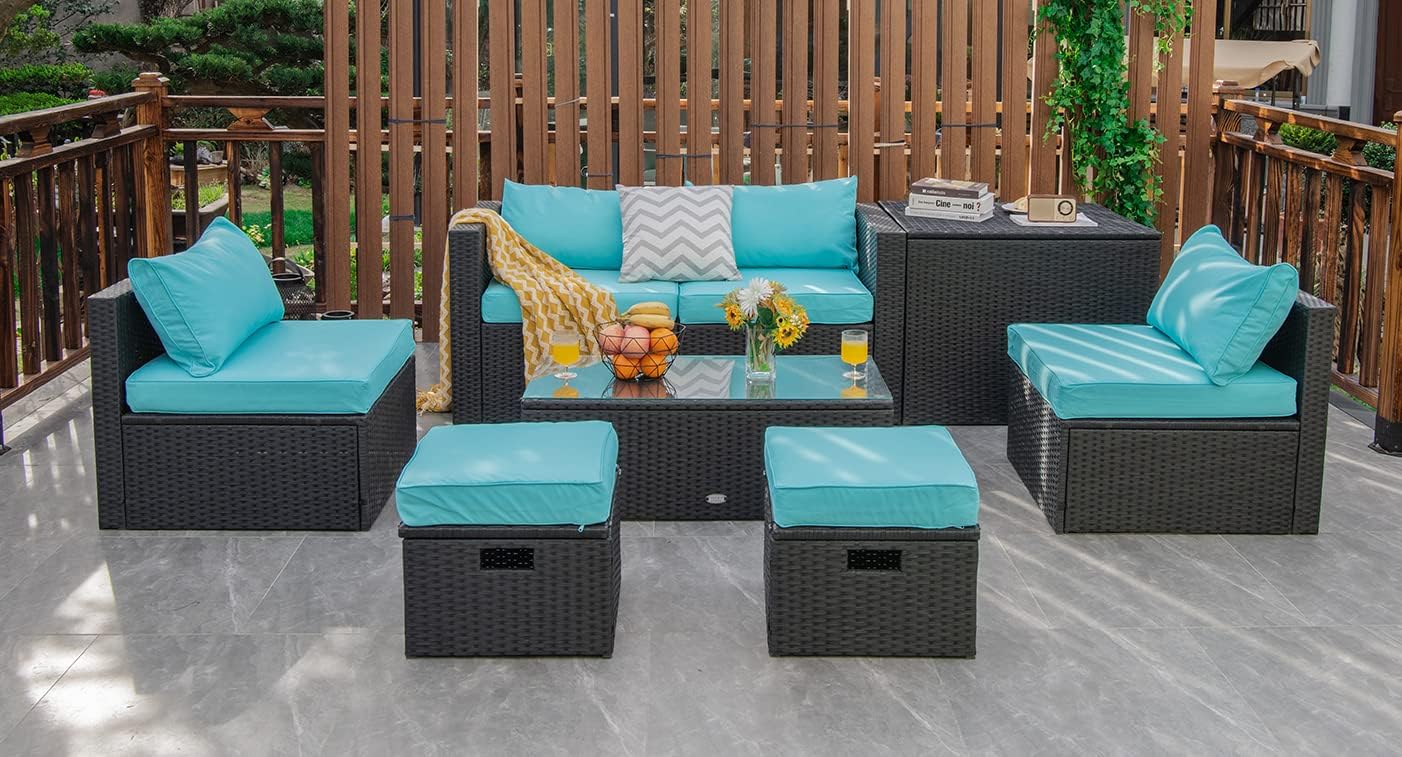 Tangkula 8 Pieces Patio Furniture Set with Waterproof Cover, Patiojoy Space Saving Outdoor PE Rattan Set with Storage Box, Tempered Glass Table, 2 Ottomans, 2 Armless Sofas & Corner Sofas
