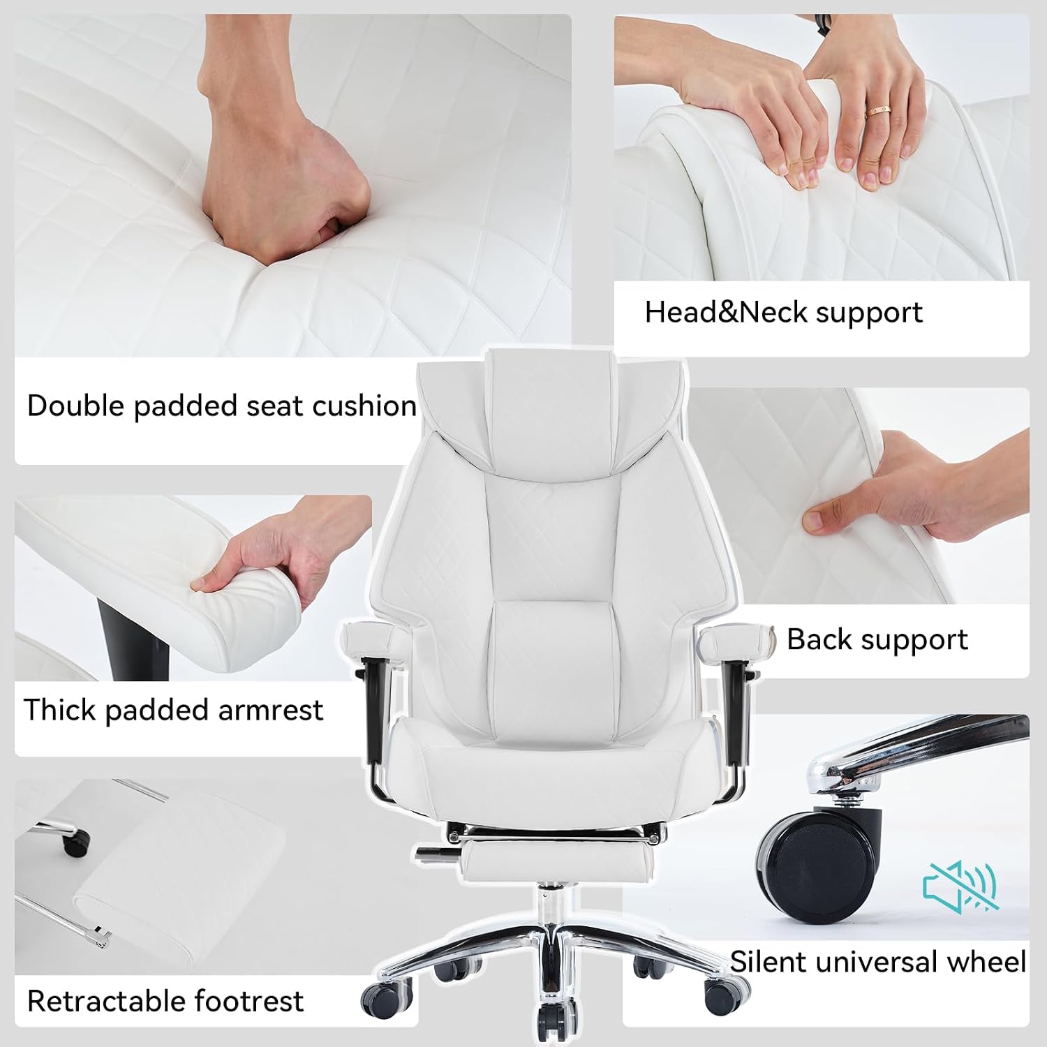 EXCEBET Big and Tall Office Chair with Footrest, PU Leather High Back Executive Office Chair 400lbs, Ergonomic Computer Chairs Lumbar Support for Heavy People (White)