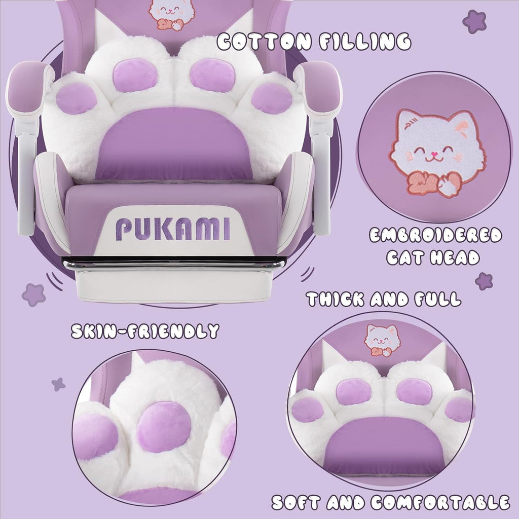 PUKAMI Gaming Chair with Cat Ears,Cute Computer Chair for Girl with Footrest,Ergonomic Gamer Chair, Kawaii Gaming Chair, Game Chair (Purple)