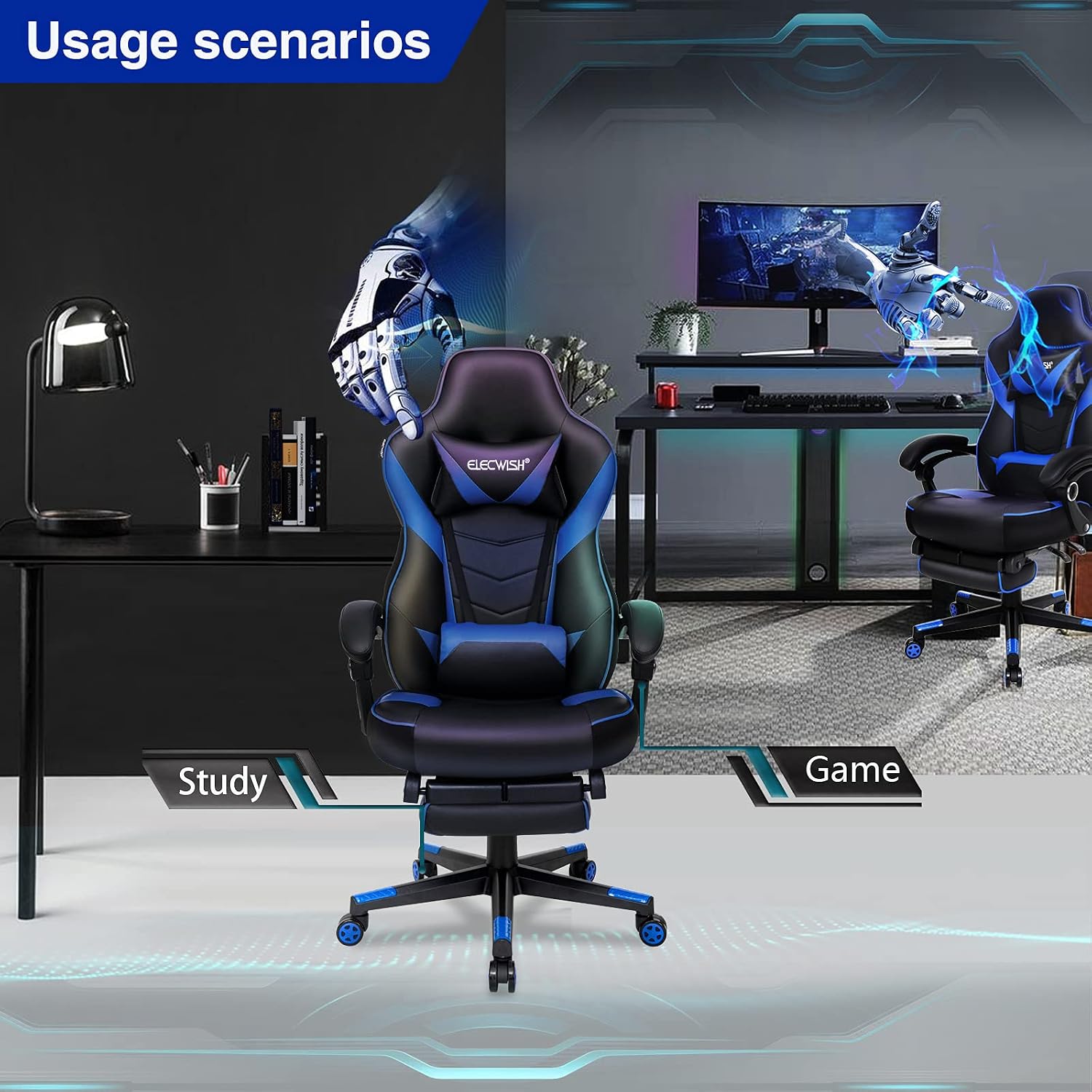 ELECWISH Gaming Chair, Reclining Computer Chair with Footrest and Lumbar Support, High Back Ergonomic Gamer Chair for Adults, Gaming Desk Chair with Headrest PU Leather