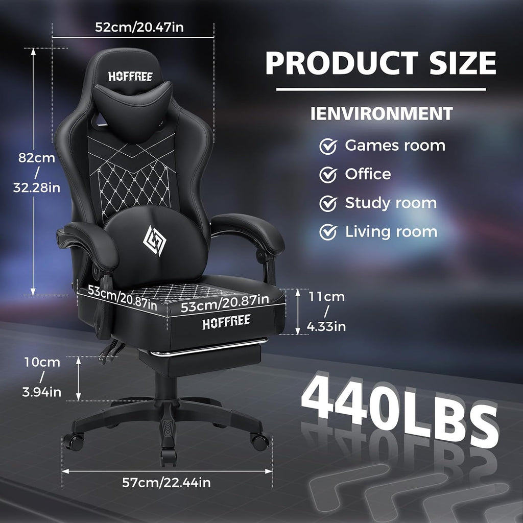 HOFFREE Gaming Chair Computer Chair with Speakers Massage Game Chairs with Footrest Bluetooth High Back Ergonomic Computer Gaming Chairs for Adults Reclining Video Gamer Chair Black
