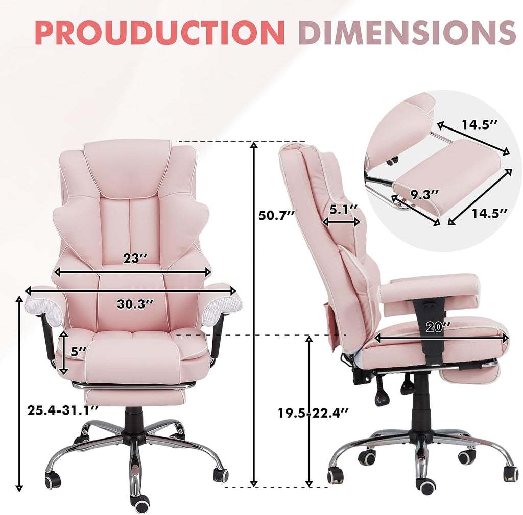 HOMREST 6-Point Massage Executive Chair,Heat Office Chair,Ergonomic Home Office Desk Chairs with Retractable Footrest and Reclining Function,Leather Computer Chair with Adjustable Armrest(‌Pink)