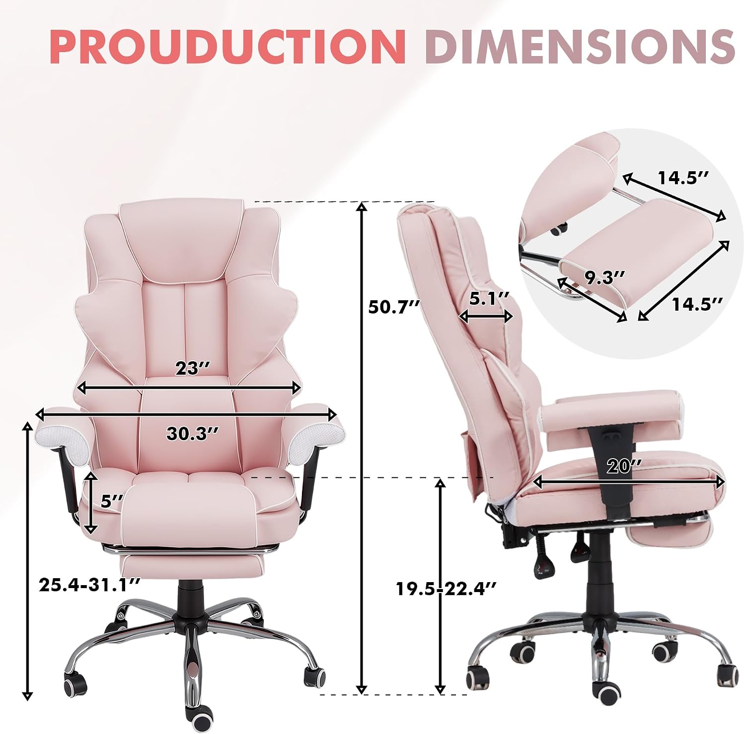HOMREST 6-Point Massage Executive Chair,Heat Office Chair,Ergonomic Home Office Desk Chairs with Retractable Footrest and Reclining Function,Leather Computer Chair with Adjustable Armrest(‌Pink)