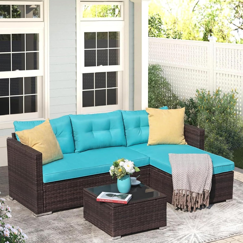 JOIVI Outdoor Patio Furniture Set, All Weather Outdoor Sectional Conversation Set, Wicker Furniture Sofa Set, Outdoor Patio Seating with Cushions, Tempered Glass Coffee Table, L-Shaped, Turquoise
