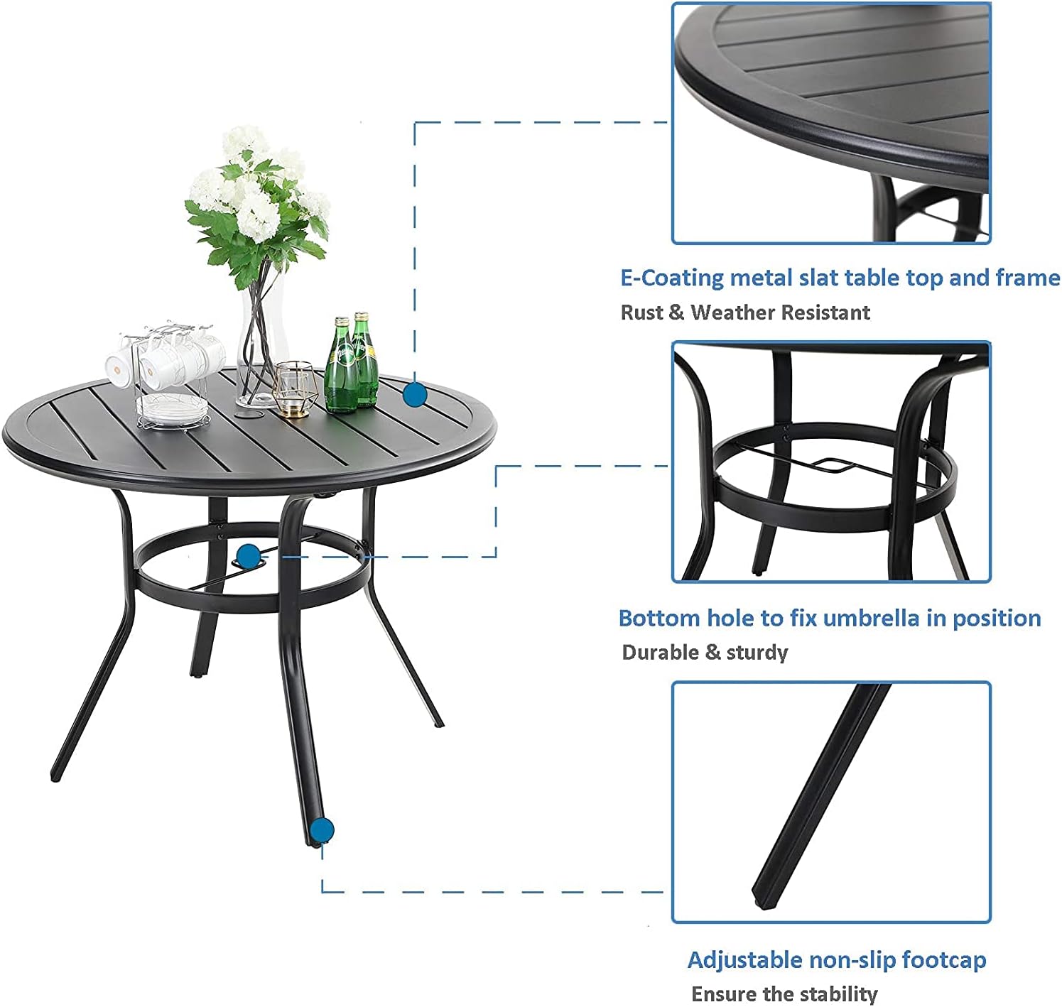MFSTUDIO Outdoor Dining Set for 4, Round Patio Table and Chairs Set with Umbrella Hole, 5 Piece Patio Furniture Set for Deck, Backyard, Poolside & Garden