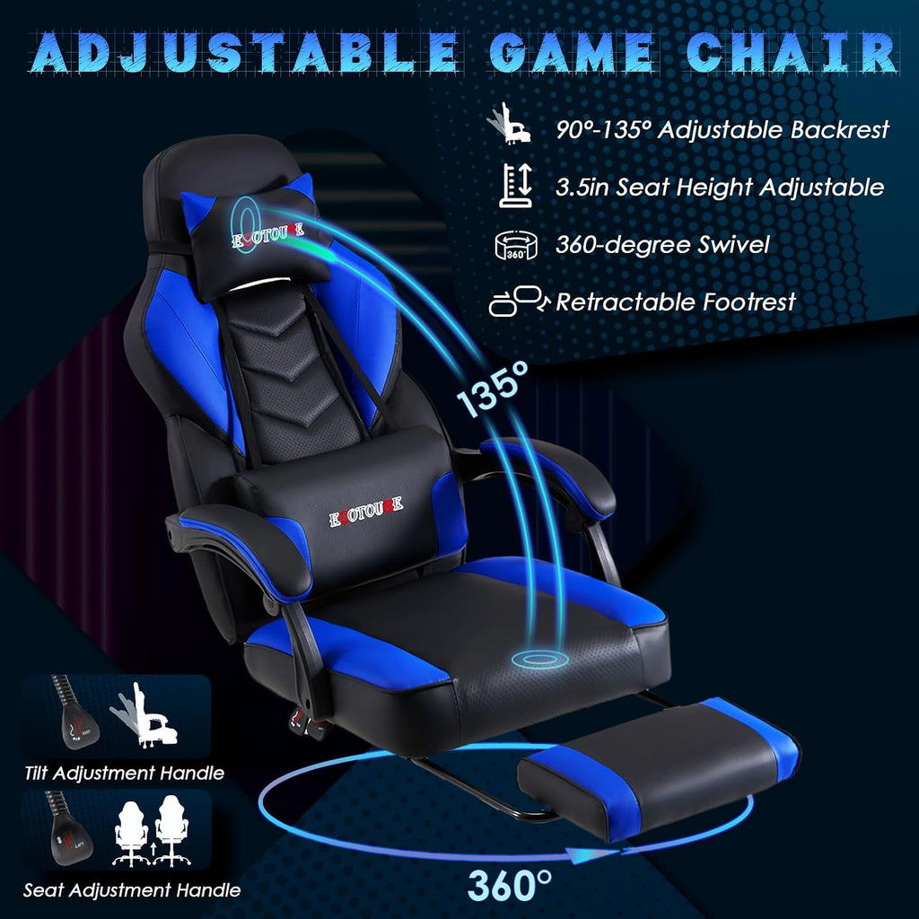ECOTOUGE Gaming Chair with Footrest, Big and Tall Silla Gamer with Massage Lumbar Support, Ergonomic Gamer Chair with Reclining High Back, 360° Swivel Gaming Computer Chair, Blue