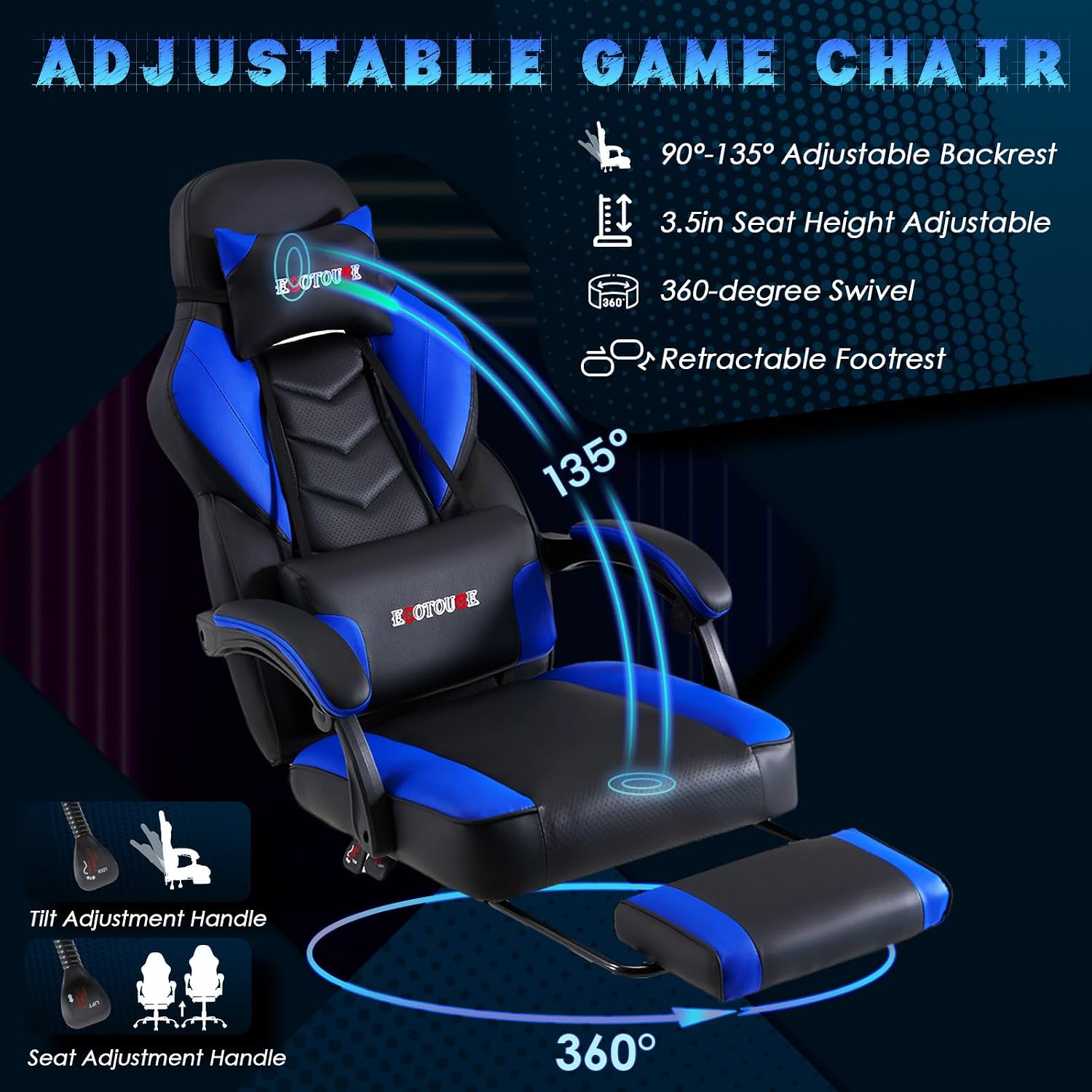 ECOTOUGE Gaming Chair with Footrest, Big and Tall Silla Gamer with Massage Lumbar Support, Ergonomic Gamer Chair with Reclining High Back, 360° Swivel Gaming Computer Chair, Blue