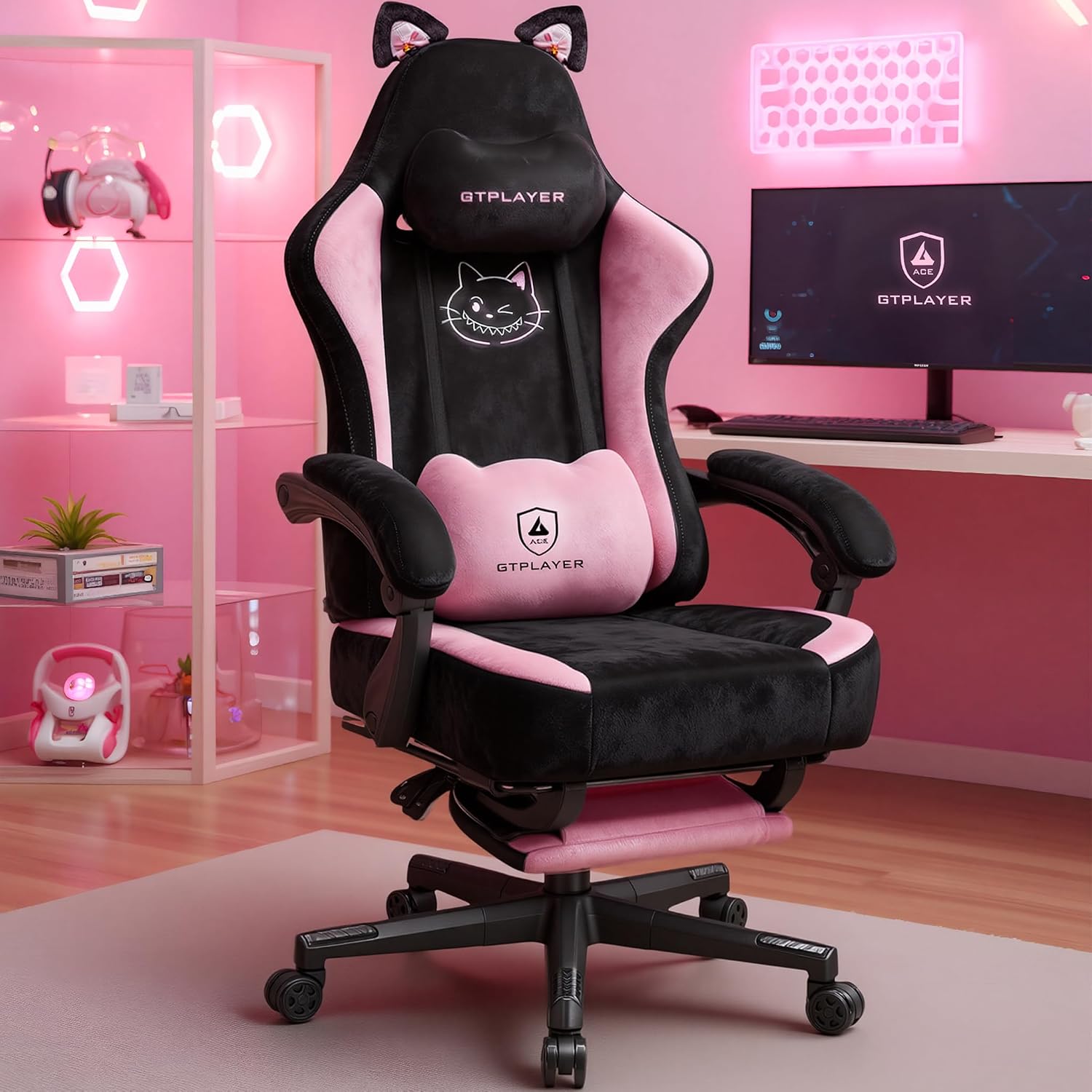 Pink Gaming Chair Cute with Cat Ears Ergonomic Computer Chair with Cat Embroidery Adjustable Memory Foam Lumbar Support and Headrest Comfortable Reclining Office Chair for Girls, Teens, Women