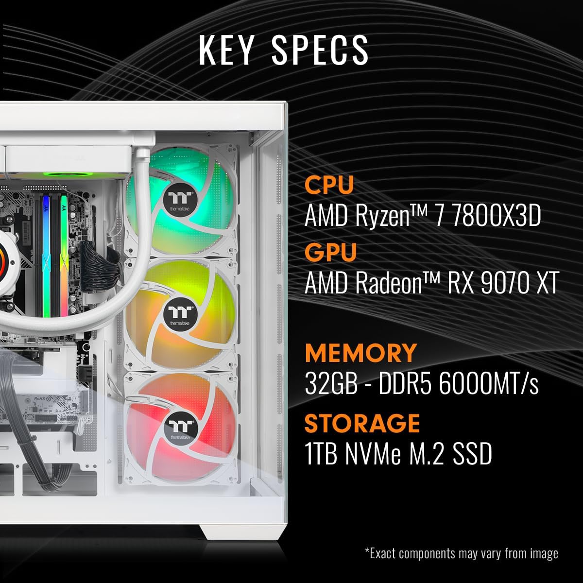 Thermaltake LCGS View 7897XS-380 Gaming Desktop (AMD Ryzen™ 7 7800X3D, ToughRam 32GB DDR5 6000MT/s RGB Memory, AMD Radeon™ RX 9070 XT, 1TB NVMe M.2, WiFi, Windows 11) V38S-B650-97X-LCS