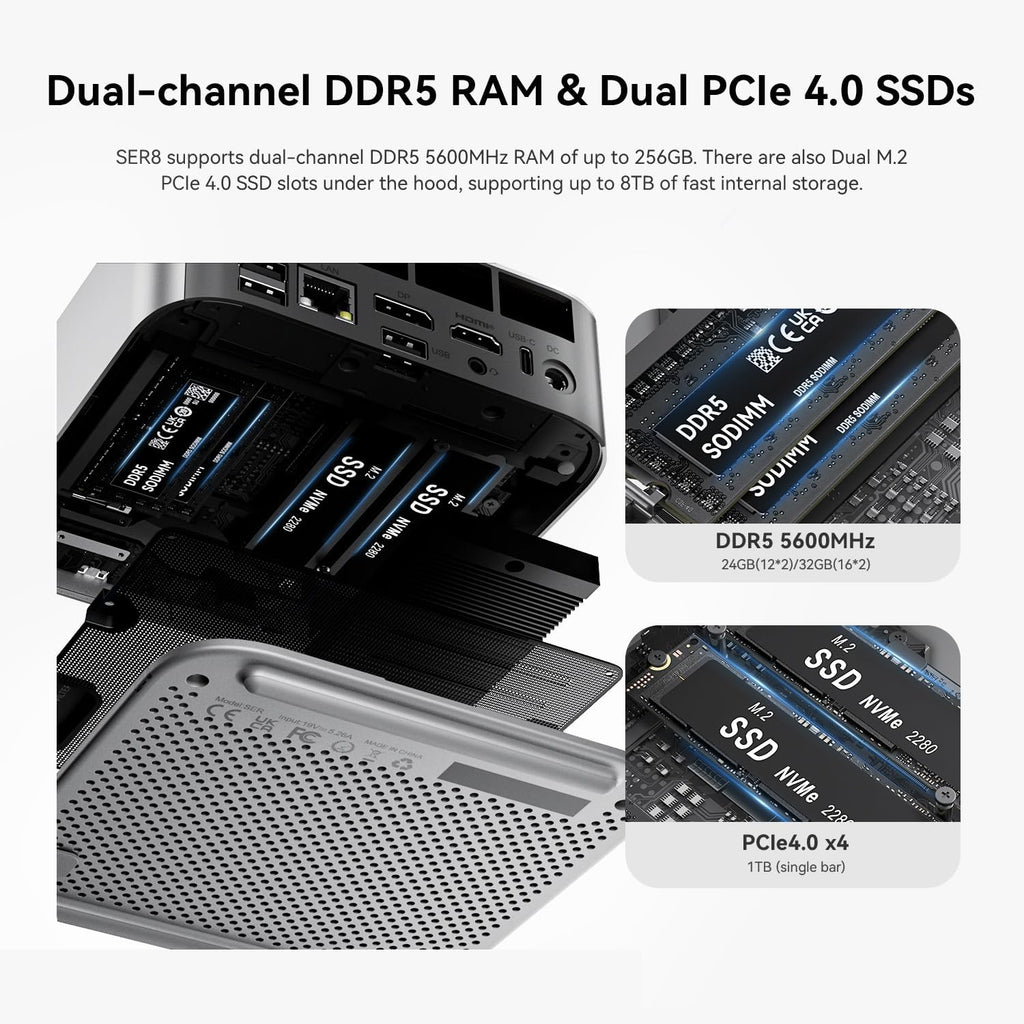 Beelink SER8 Mini PC, AMD Ryzen 7 8745HS(4nm, 8C/16T) up to 4.9GHz, Mini Computer 32GB DDR5 RAM 1TB M.2 NVME SSD, Desktop PC 4K@120Hz Triple Display, Mini Gaming Computer WiFi6/BT5.2/2.5Gbps