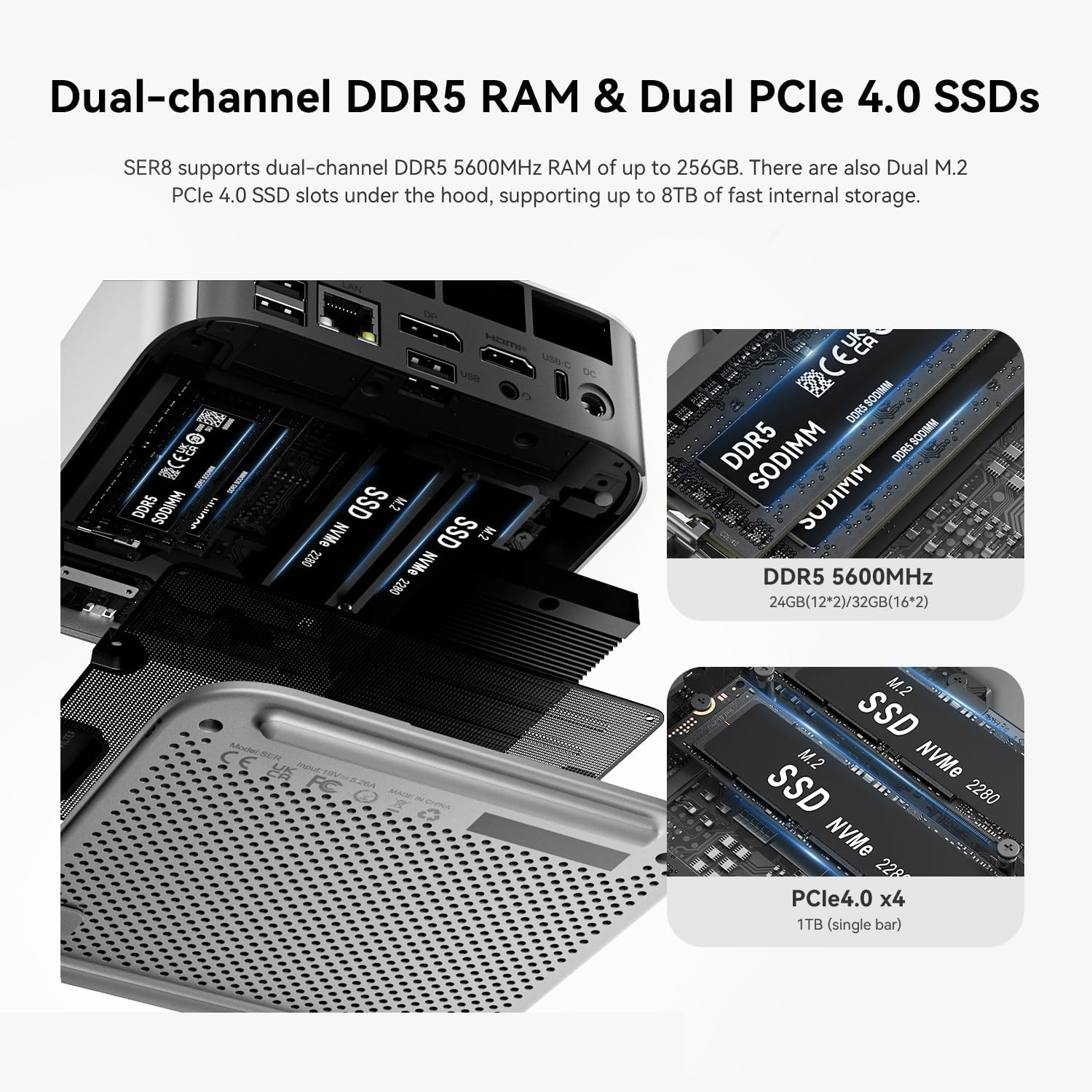 Beelink SER8 Mini PC, AMD Ryzen 7 8745HS(4nm, 8C/16T) up to 4.9GHz, Mini Computer 32GB DDR5 RAM 1TB M.2 NVME SSD, Desktop PC 4K@120Hz Triple Display, Mini Gaming Computer WiFi6/BT5.2/2.5Gbps