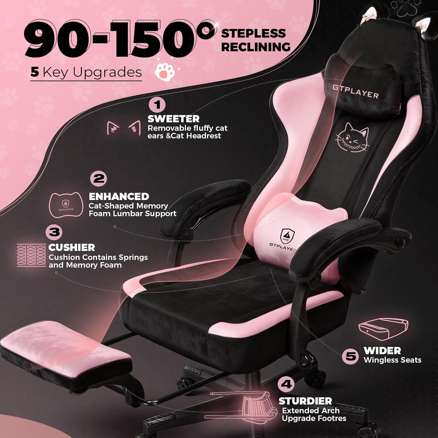 Pink Gaming Chair Cute with Cat Ears Ergonomic Computer Chair with Cat Embroidery Adjustable Memory Foam Lumbar Support and Headrest Comfortable Reclining Office Chair for Girls, Teens, Women