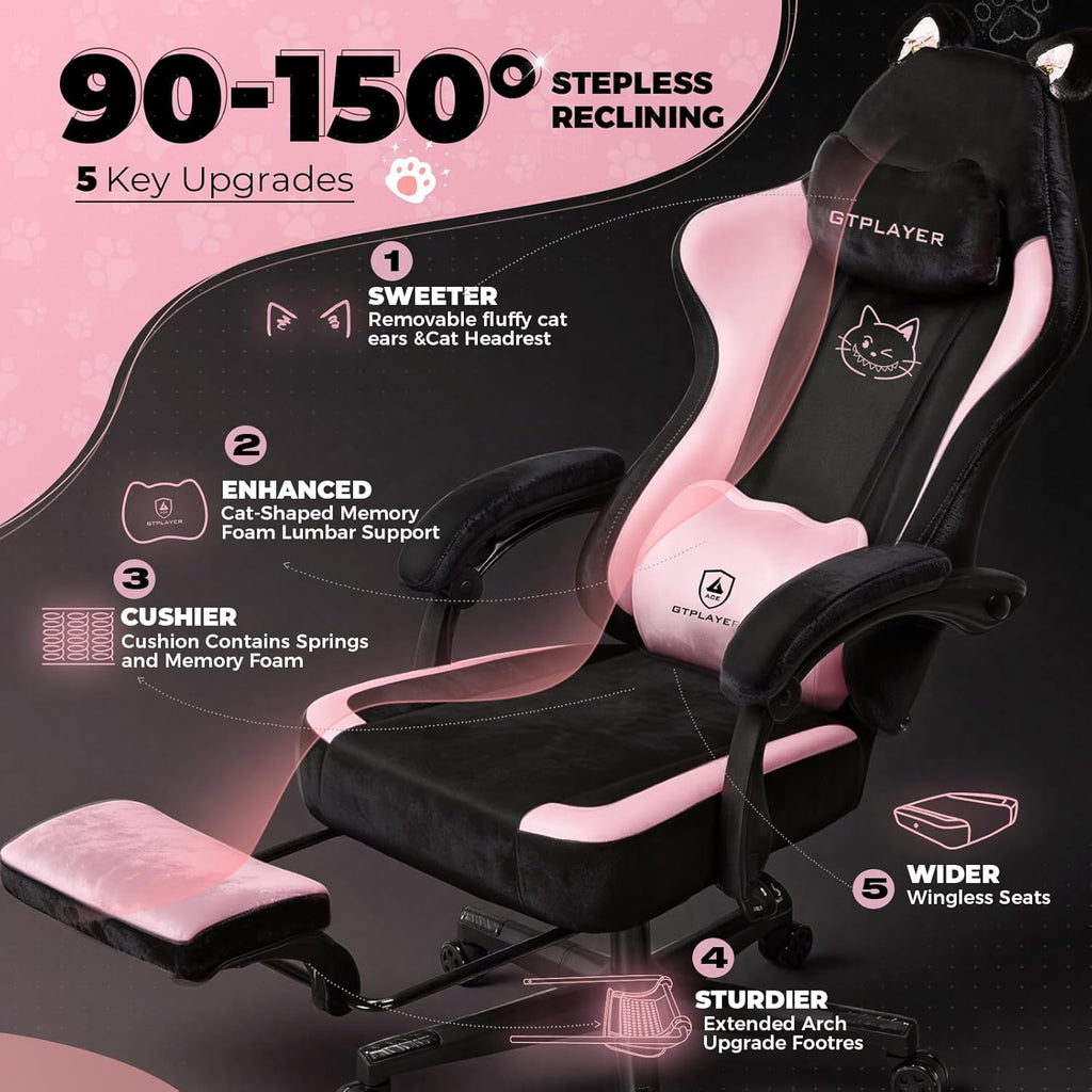 Pink Gaming Chair Cute with Cat Ears Ergonomic Computer Chair with Cat Embroidery Adjustable Memory Foam Lumbar Support and Headrest Comfortable Reclining Office Chair Soft Velvet Fabric