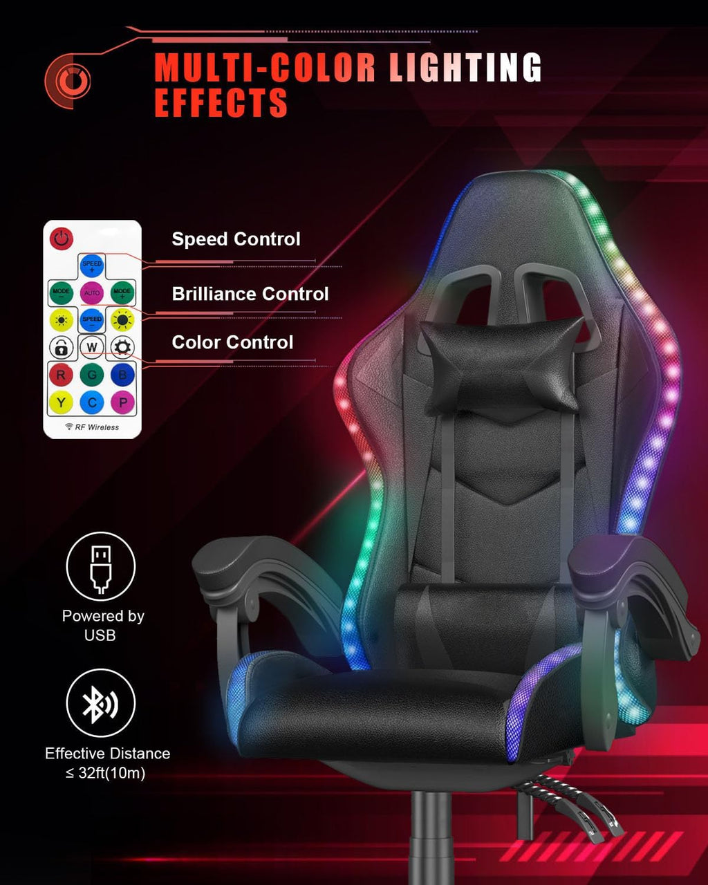 Racingreat Gaming Chair with RGB LED Lights, Ergonomic Computer Chair with Headrest and Lumbar Support, PU Leather High Back Height Adjustable Swivel Video Game Chairs for Adults(Black)