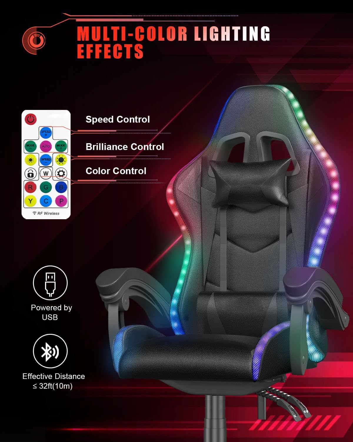 Racingreat Gaming Chair with RGB LED Lights, Ergonomic Computer Chair with Headrest and Lumbar Support, PU Leather High Back Height Adjustable Swivel Video Game Chairs for Adults(Black)