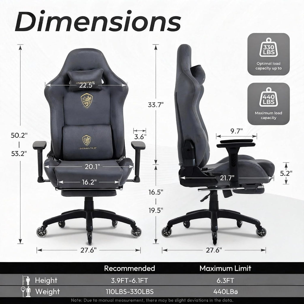 Dowinx Big and Tall Gaming Chair with Suede Fabric Breathable, Game Chairs for Adults with Oversized Thick Seat for 440lbs, Ergonomic Gamer Chair for Streaming & Long Gaming Sessions, Deep Grey