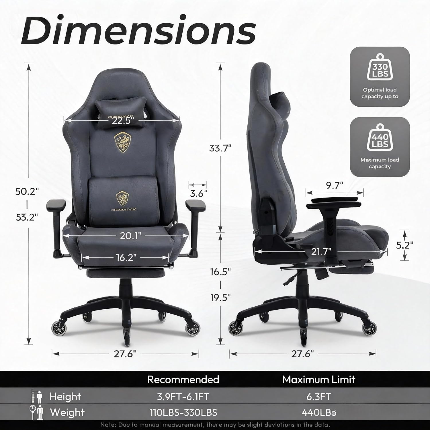 Dowinx Big and Tall Gaming Chair with Suede Fabric Breathable, Game Chairs for Adults with Oversized Thick Seat for 440lbs, Ergonomic Gamer Chair for Streaming & Long Gaming Sessions, Deep Grey