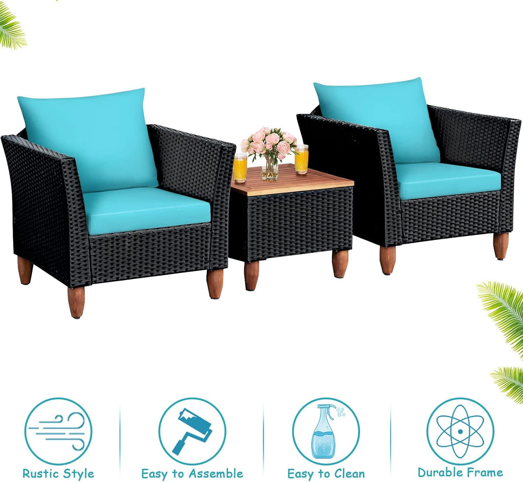 Tangkula 3 Piece Patio Furniture Set, Patiojoy Outdoor Wicker Rattan Bistro Sofa Set w/Washable Cushion, Acacia Wood Top Coffee Table, Conversation Set w/Adjustable Feet for Balcony Backyard Porch