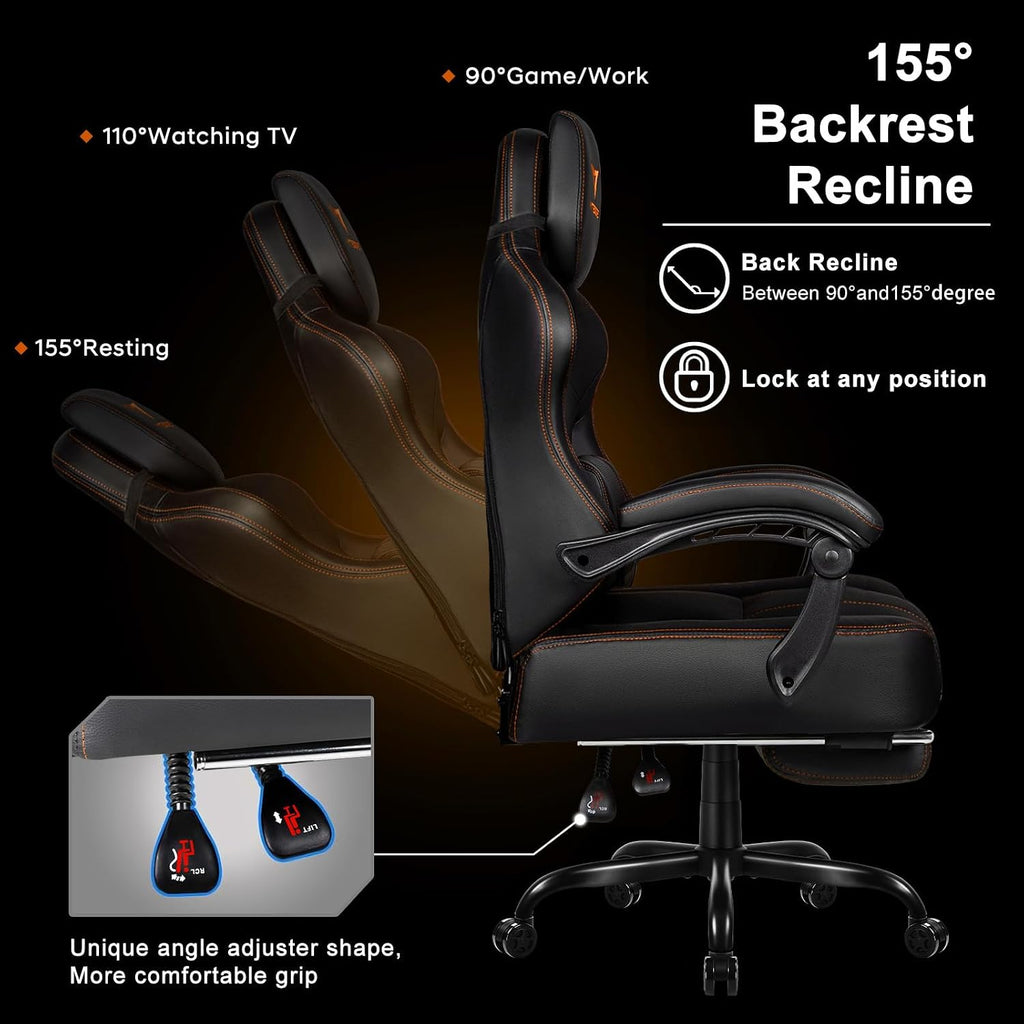 VITESSE Big and Tall Gaming Chair 400lb Weight Capacity with Footrest, Ergonomic Video Game Chair for Adults with Oversized Headrest and Lumbar Pillow, Computer Chair Gaming for Office (Black+Orange)