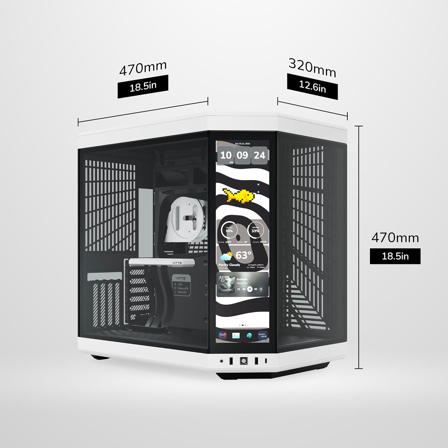 Hyte Y70 Touch Infinite Dual Chamber ATX Mid Tower Modern Aesthetic Case with Integrated 2.5K LCD Touchscreen - Panda/White